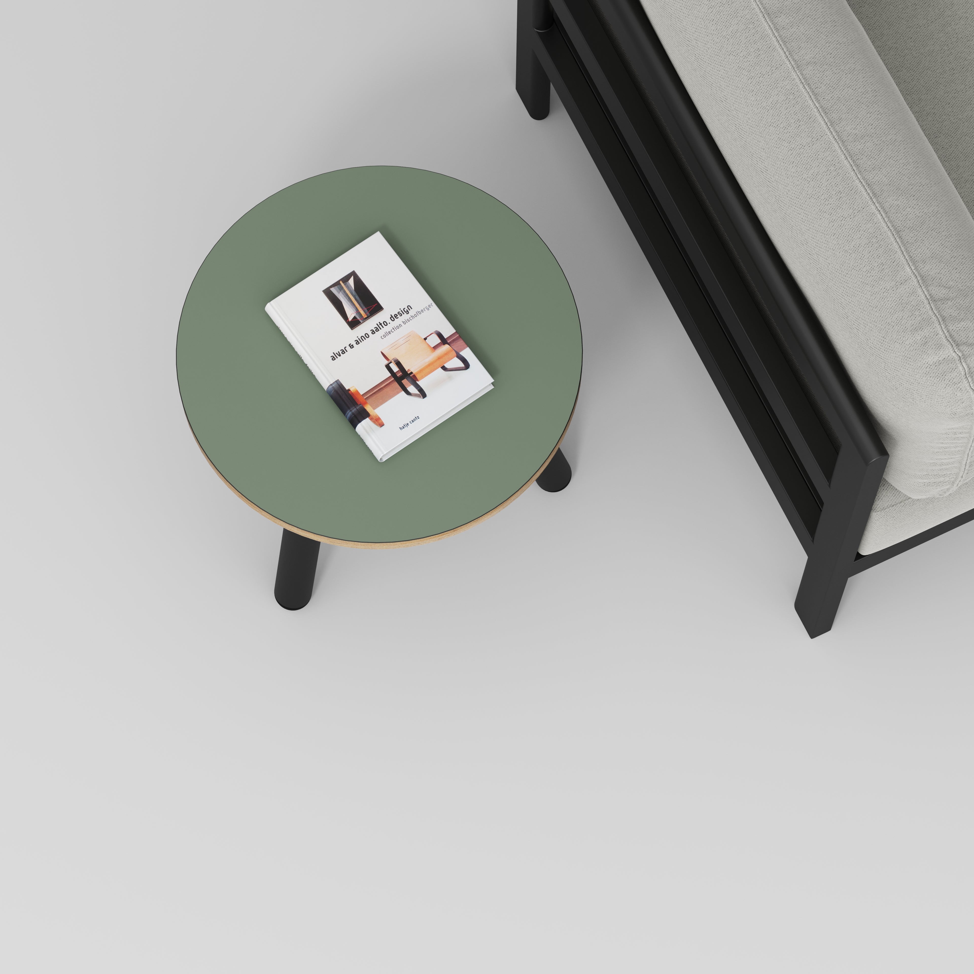 Plywood Round Side Table with Black Round Single Pin Legs - Formica Green Slate - 500(w) x 500(d) x 425(h)