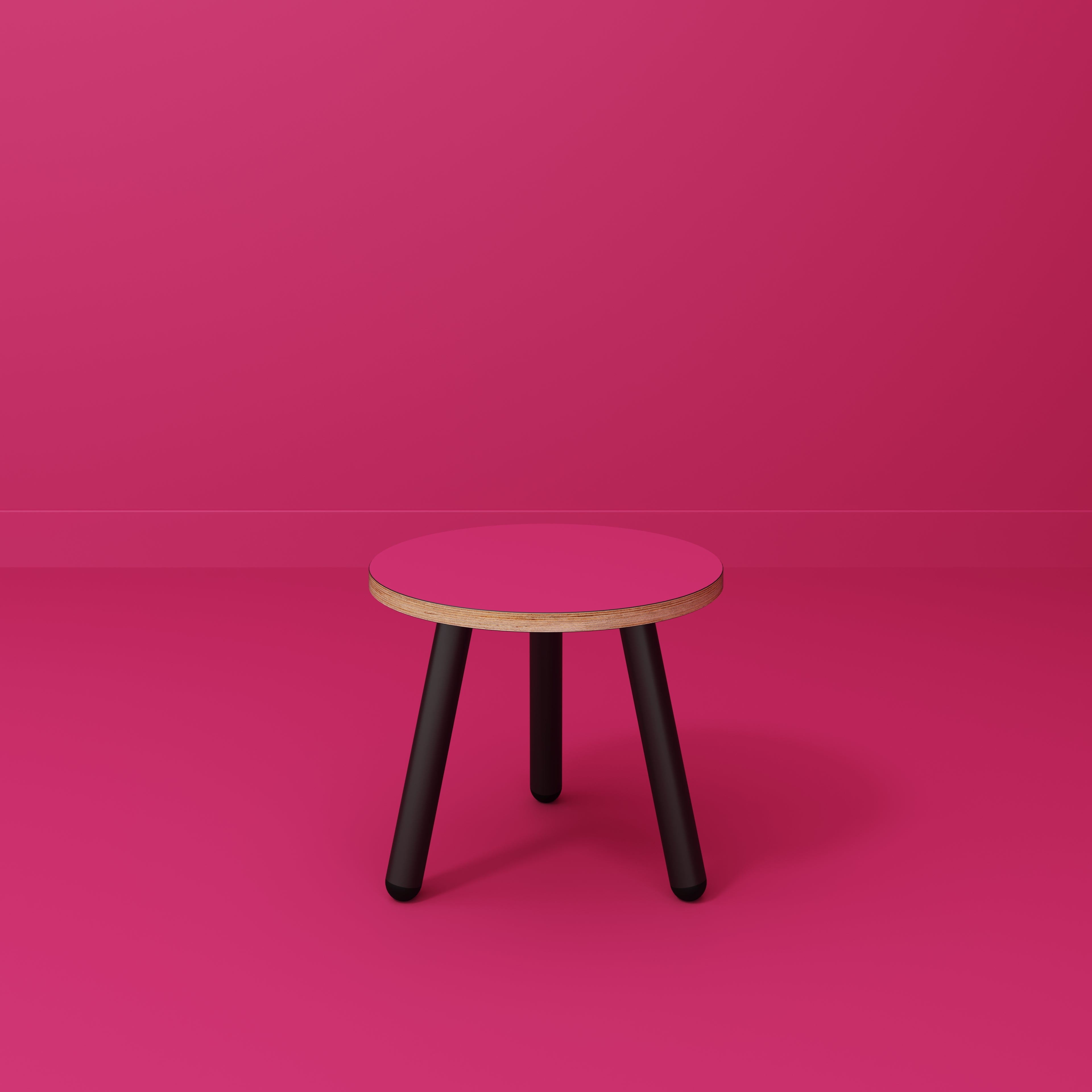 Plywood Round Side Table with Black Round Single Pin Legs - Formica Juicy Pink - 500(w) x 500(d) x 425(h)