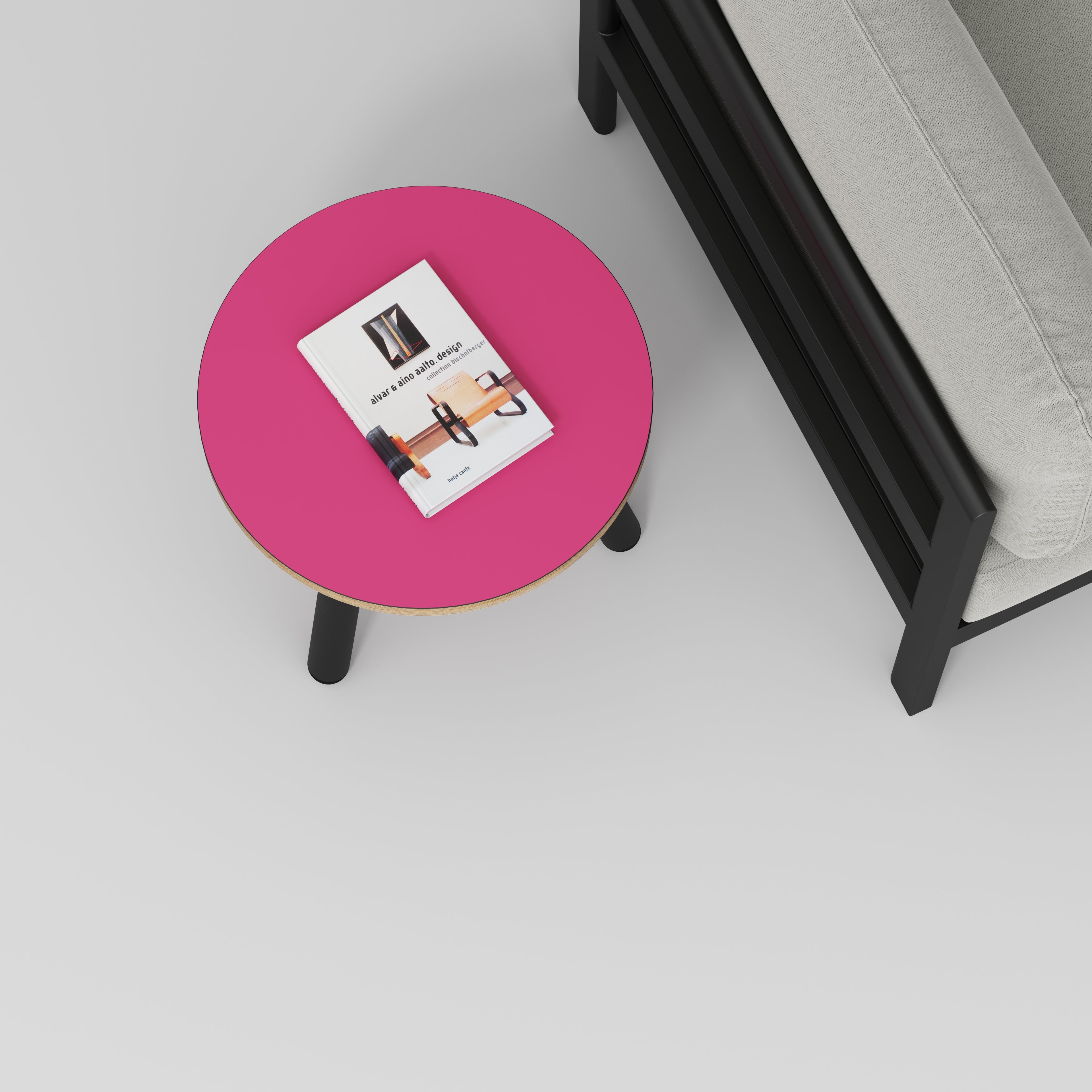 Round Side Table with Black Round Single Pin Legs - Formica Juicy Pink - 500(w) x 500(d) x 425(h)