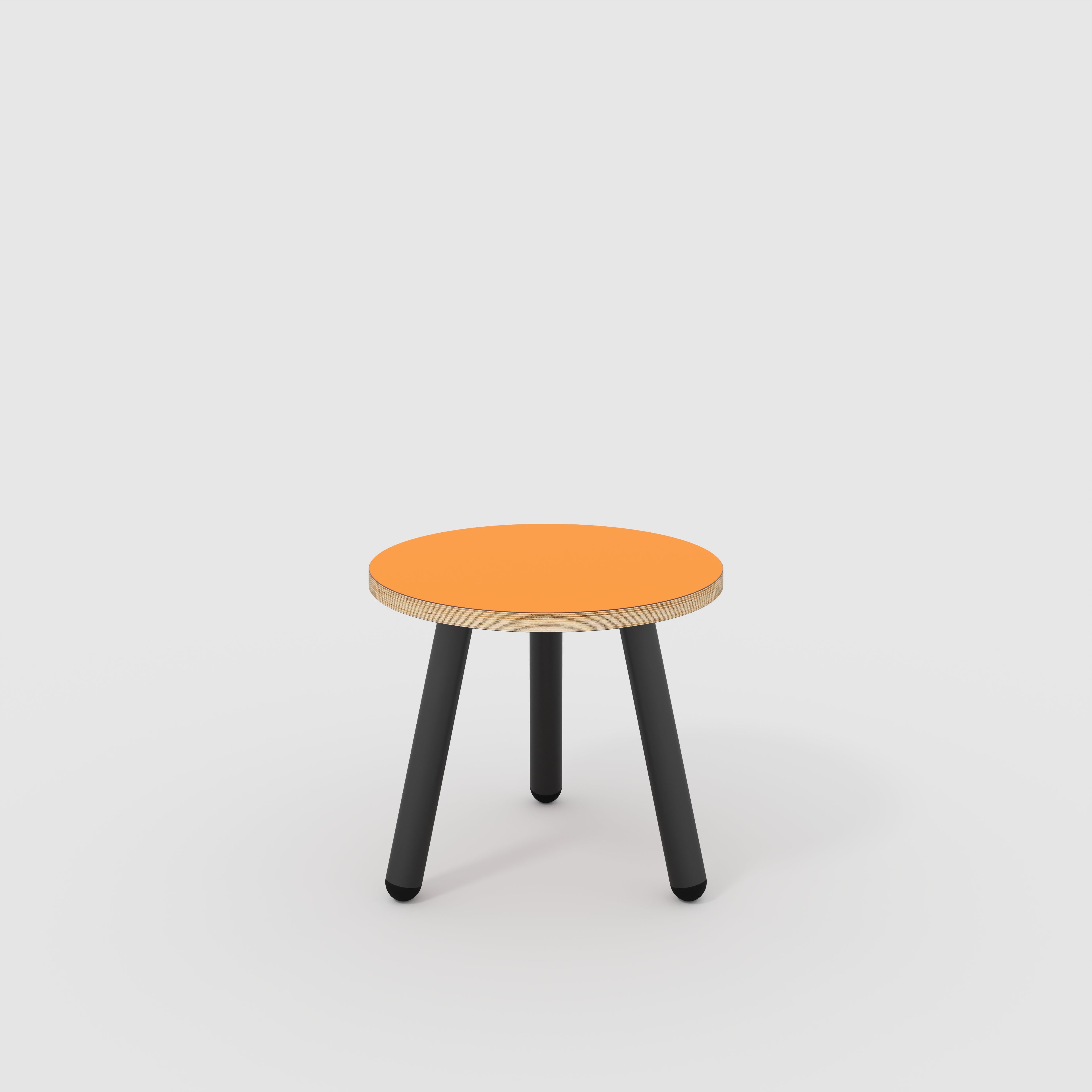 Plywood Round Side Table with Black Round Single Pin Legs - Formica Levante Orange - 500(w) x 500(d) x 425(h)