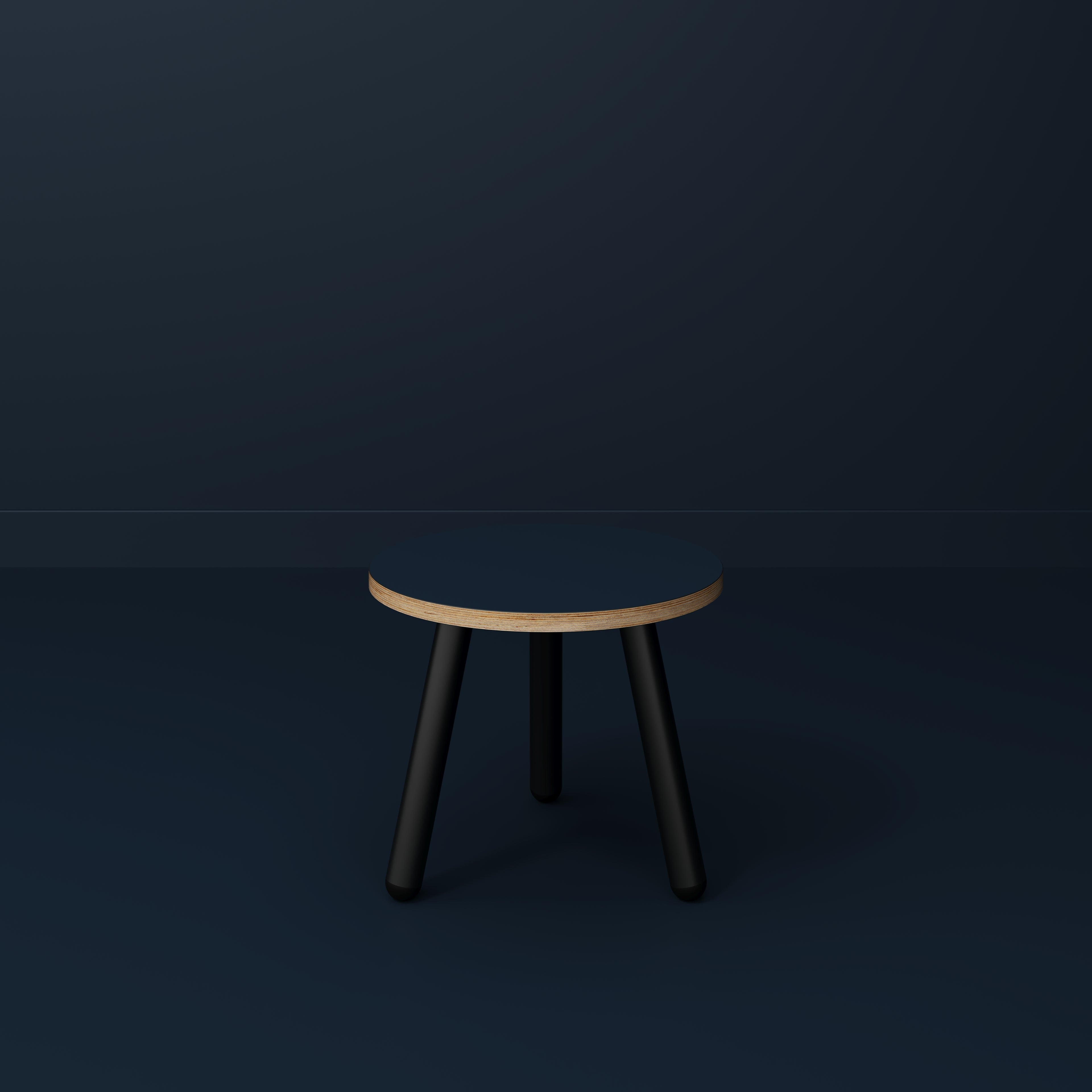 Plywood Round Side Table with Black Round Single Pin Legs - Formica Night Sea Blue - 500(w) x 500(d) x 425(h)