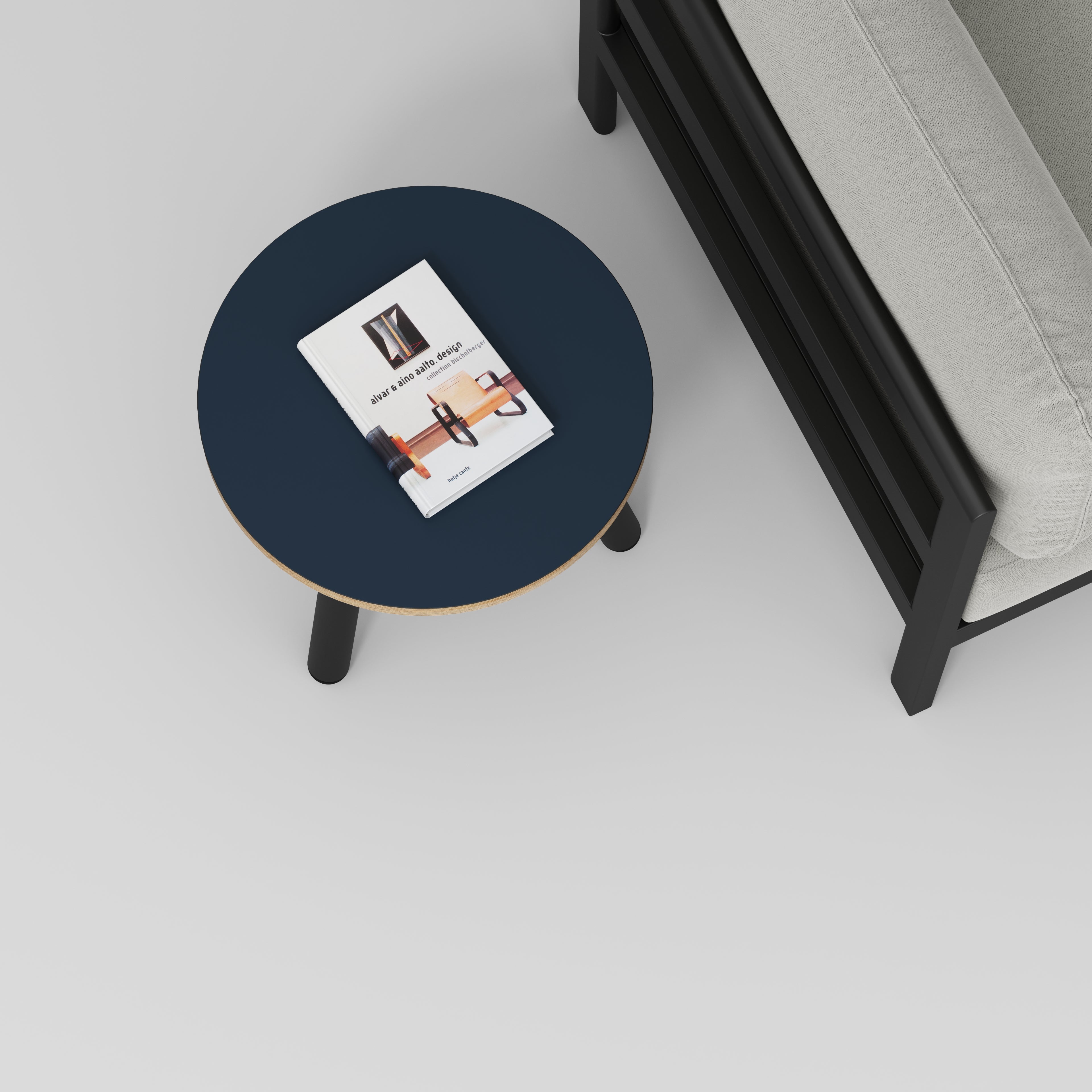 Round Side Table with Black Round Single Pin Legs - Formica Night Sea Blue - 500(w) x 500(d) x 425(h)