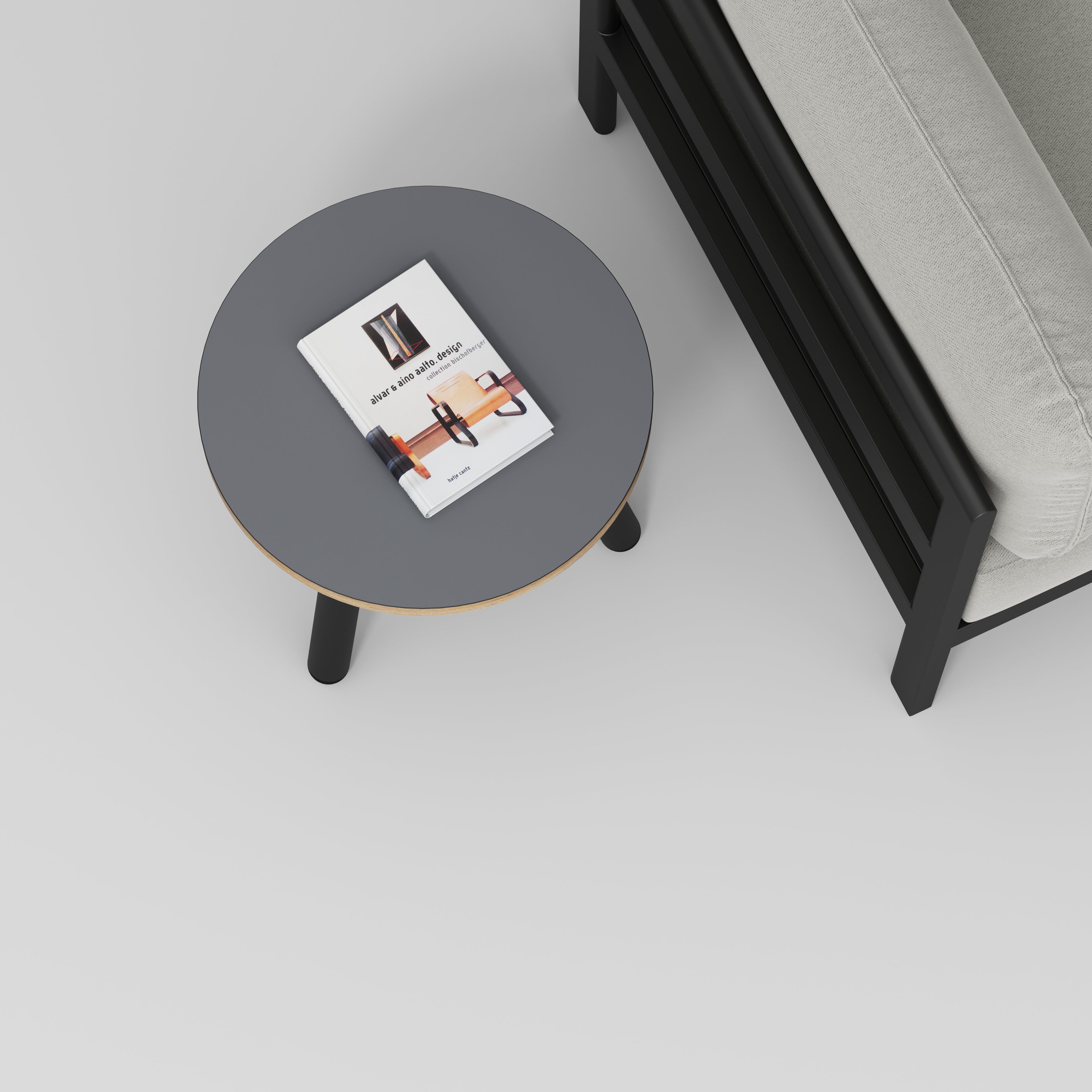 Round Side Table with Black Round Single Pin Legs - Formica Tornado Grey - 500(w) x 500(d) x 425(h)