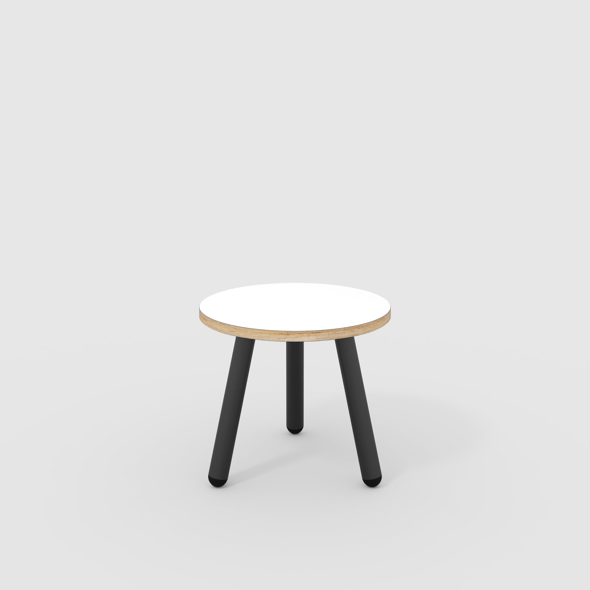Plywood Round Side Table with Black Round Single Pin Legs Formica Wh