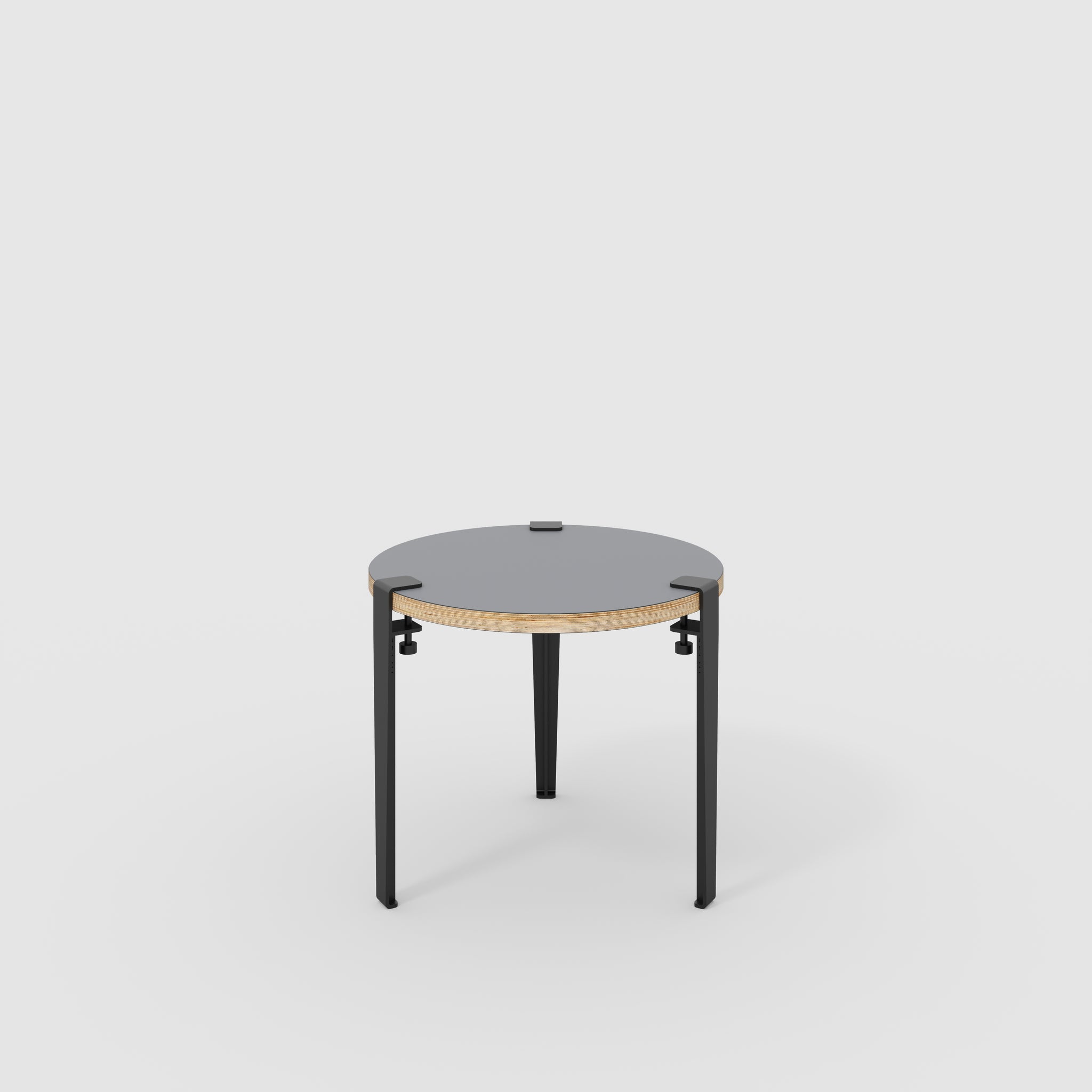 Plywood Round Side Table with Black Tiptoe Legs Formica Tornado Grey