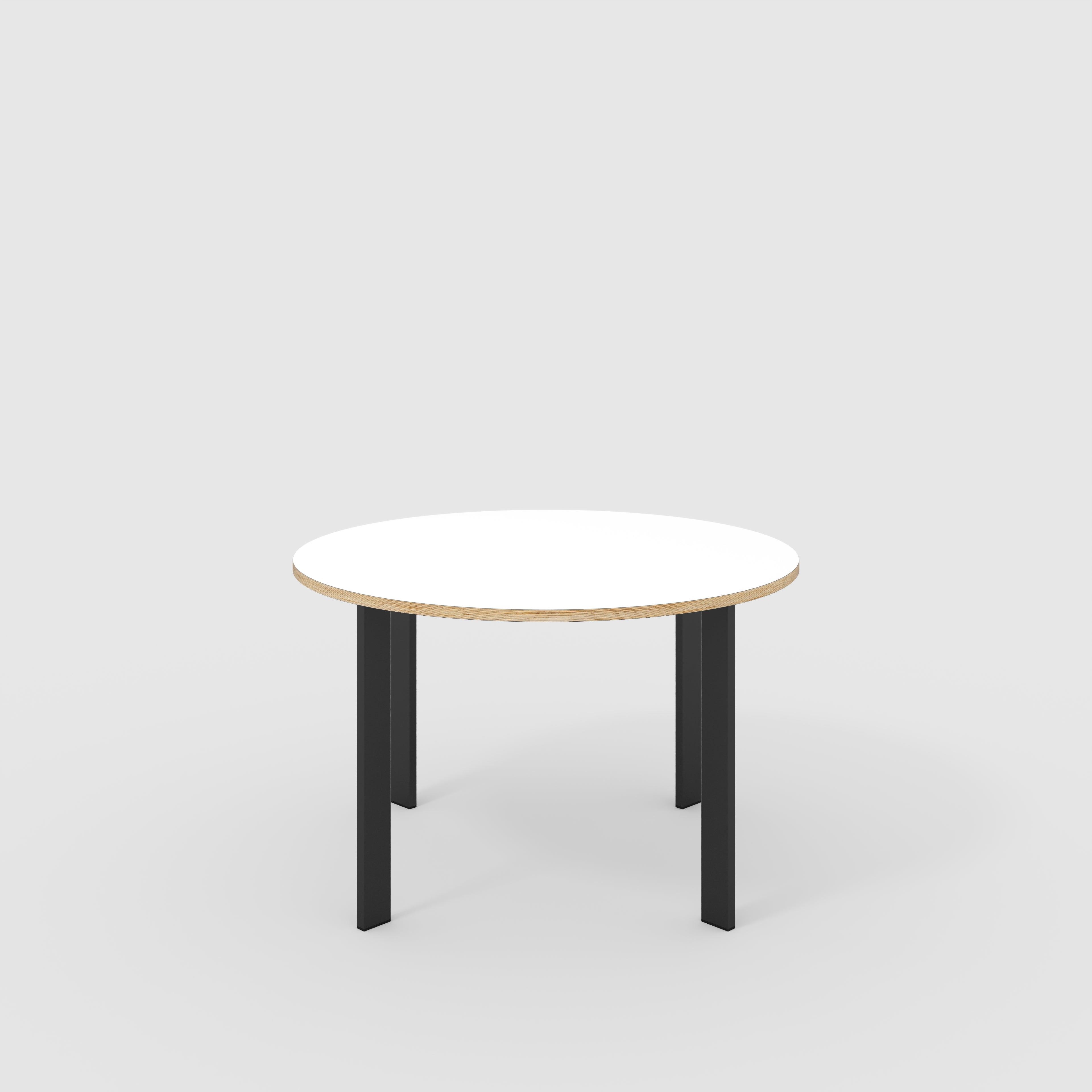 Plywood Round Table with Black Rectangular Single Pin Legs - Formica White - 1200(dia) x 735(h)