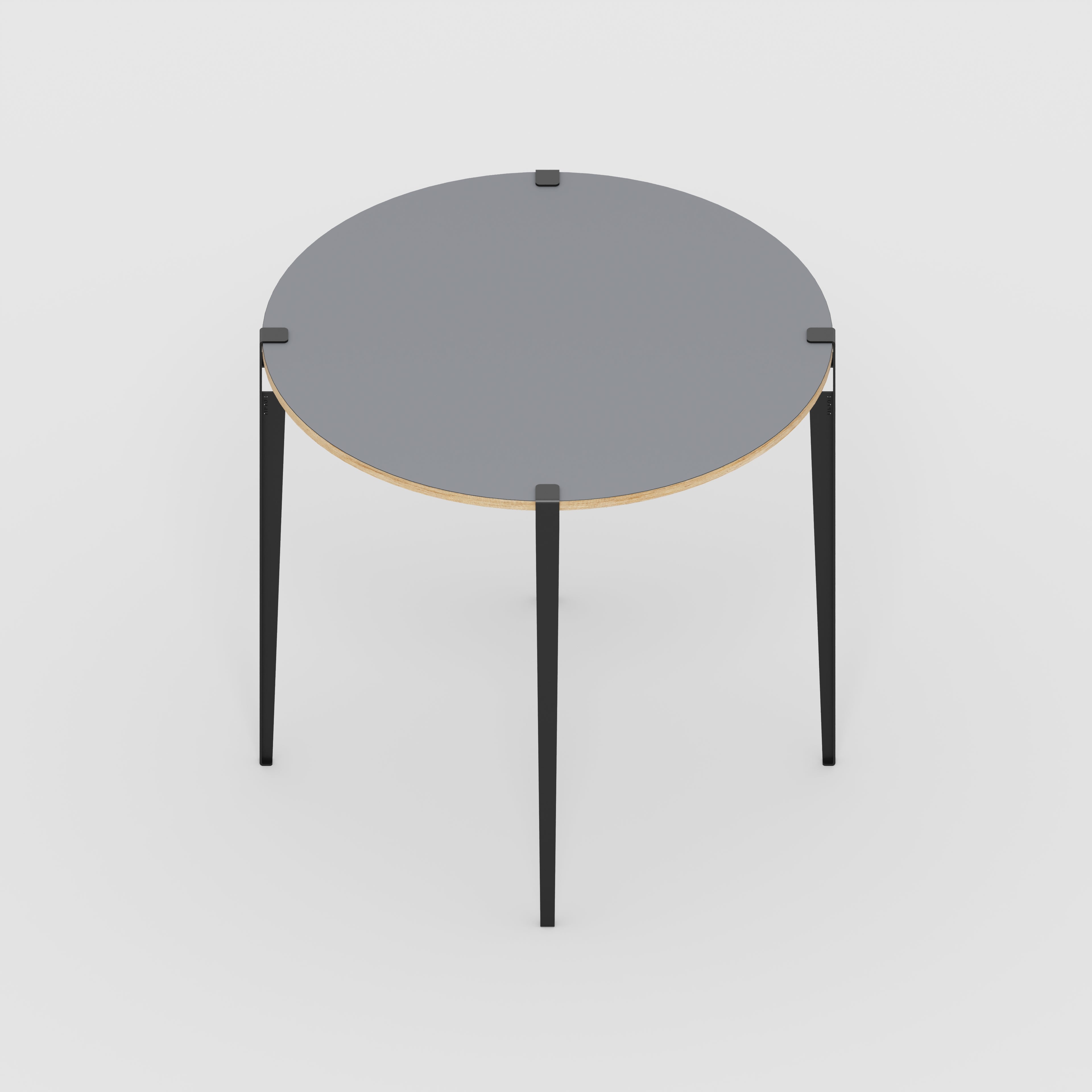 Plywood Round Table with Black Tiptoe Legs - Formica Tornado Grey - 1200(dia) x 1100(h)