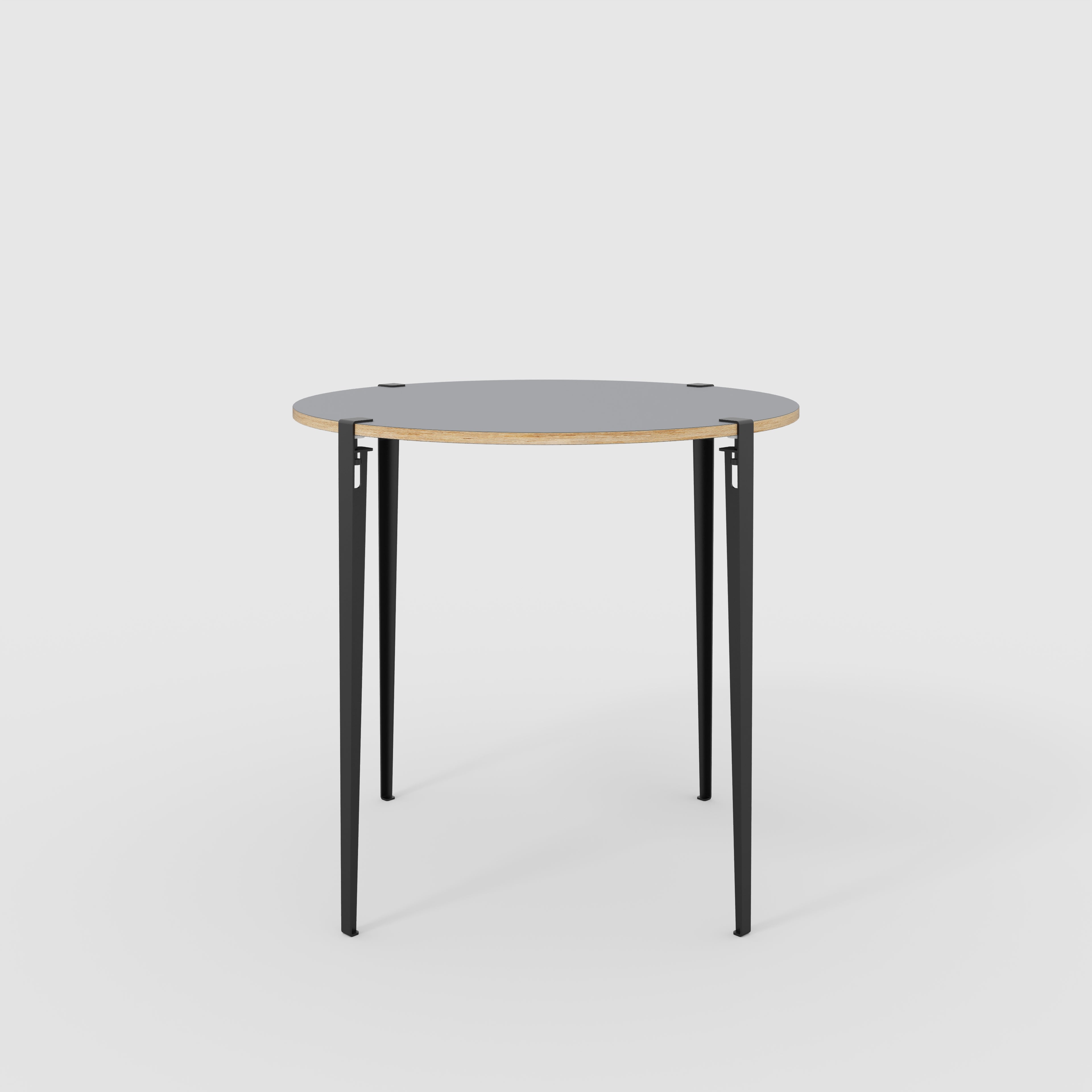Plywood Round Table with Black Tiptoe Legs - Formica Tornado Grey - 1200(dia) x 1100(h)