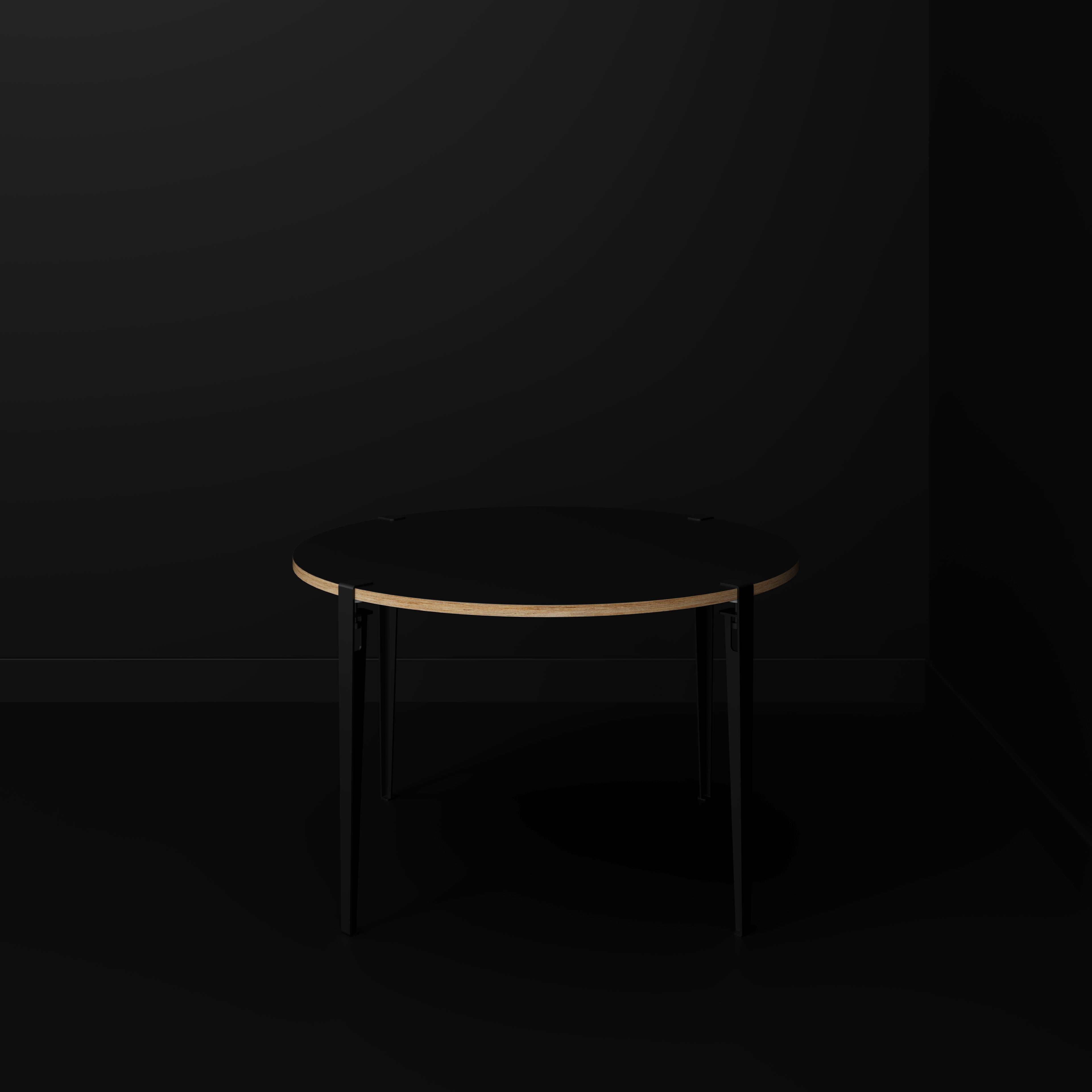 Plywood Round Table with Black Tiptoe Legs - Formica Diamond Black - 1200(dia) x 750(h)