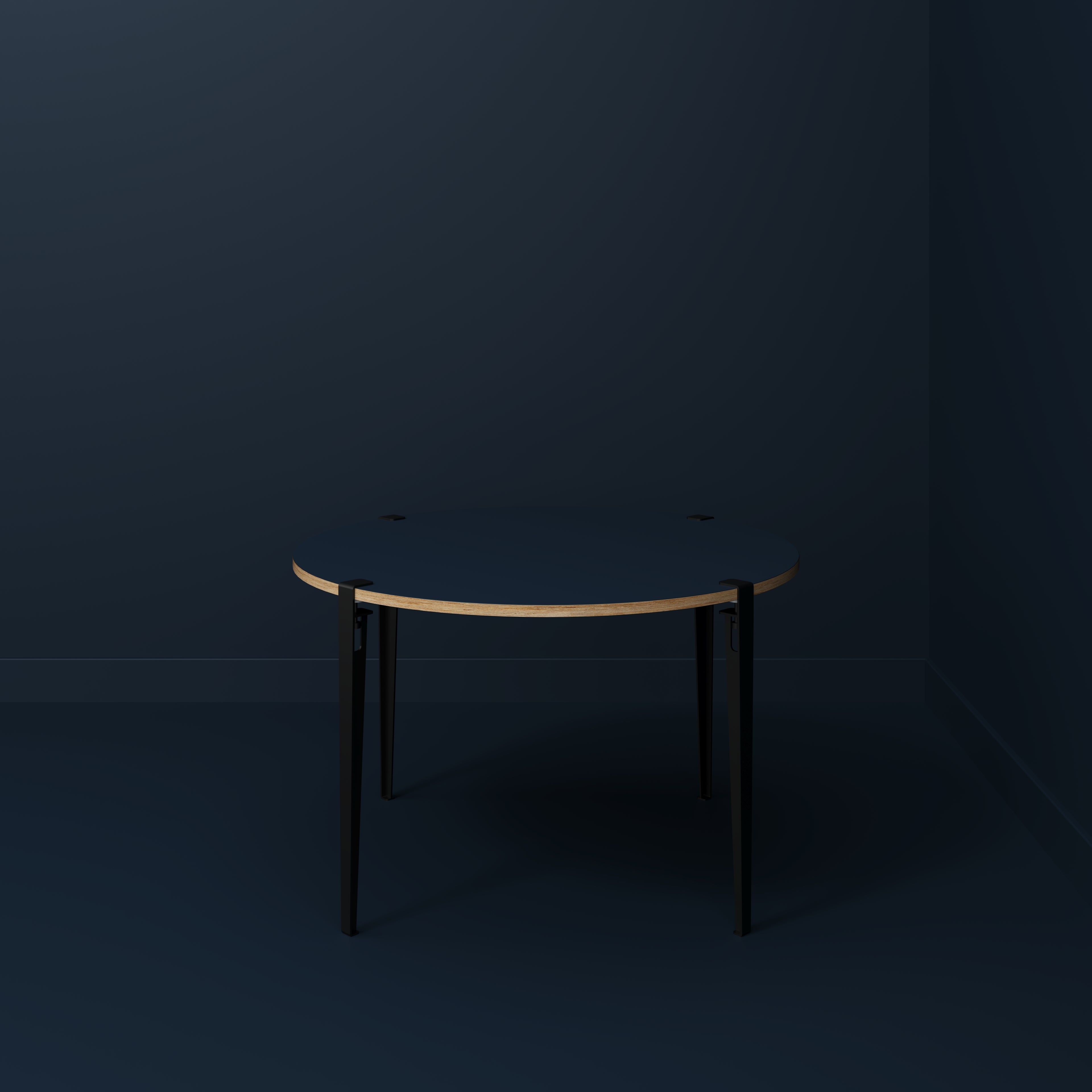 Plywood Round Table with Black Tiptoe Legs - Formica Night Sea Blue - 1200(dia) x 750(h)