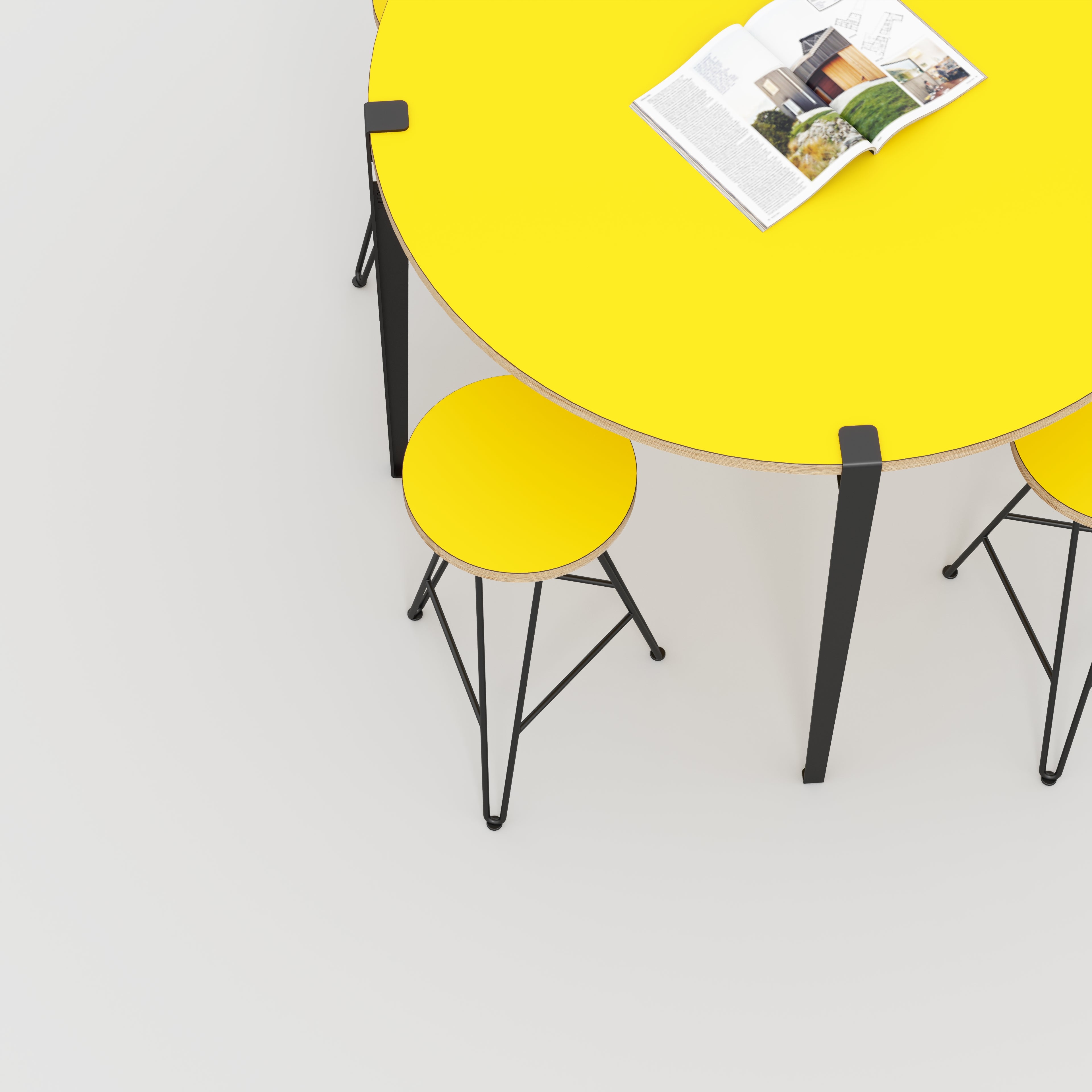 Plywood Round Table with Black Tiptoe Legs - Formica Chrome Yellow - 1200(dia) x 900(h)