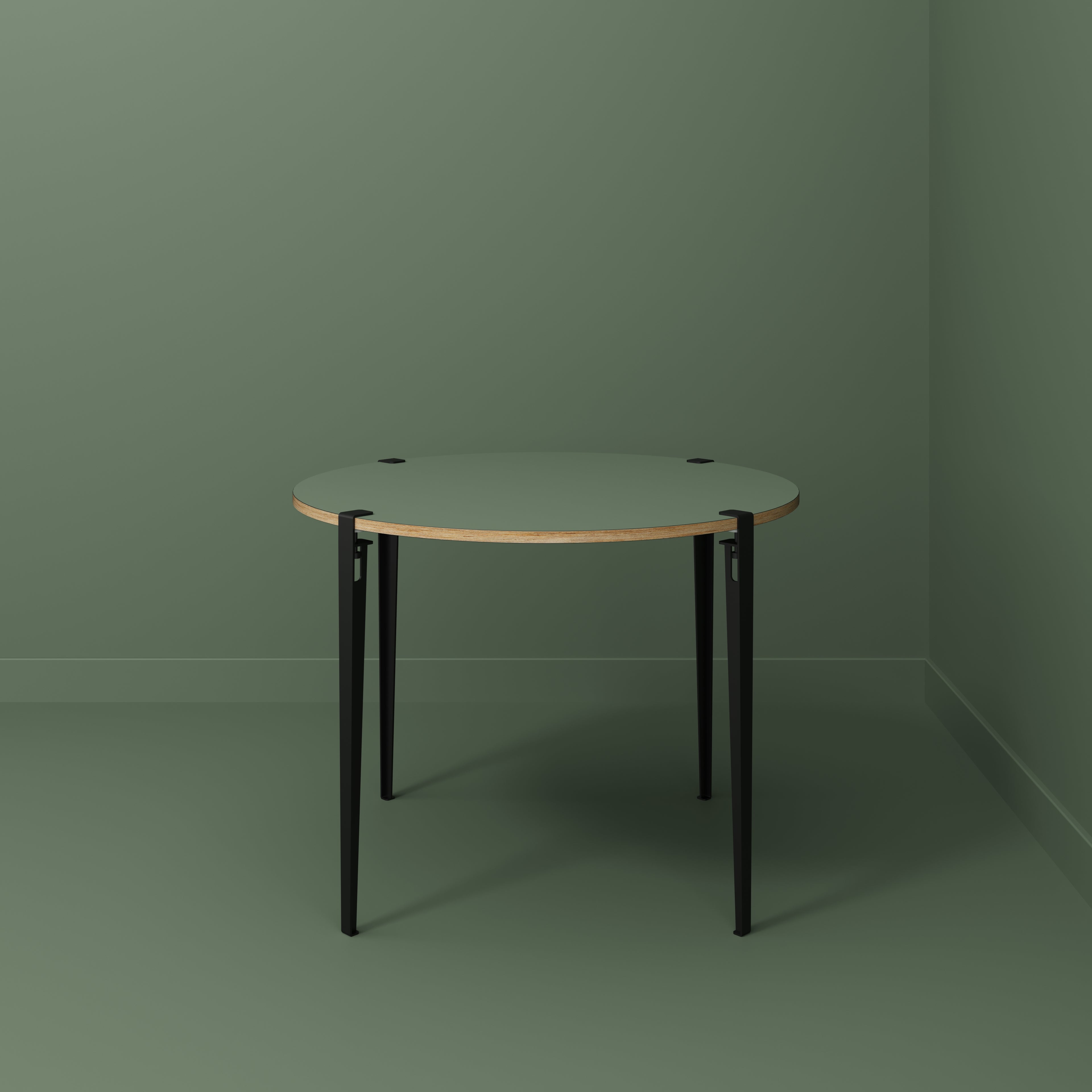Plywood Round Table with Black Tiptoe Legs - Formica Green Slate - 1200(dia) x 900(h)