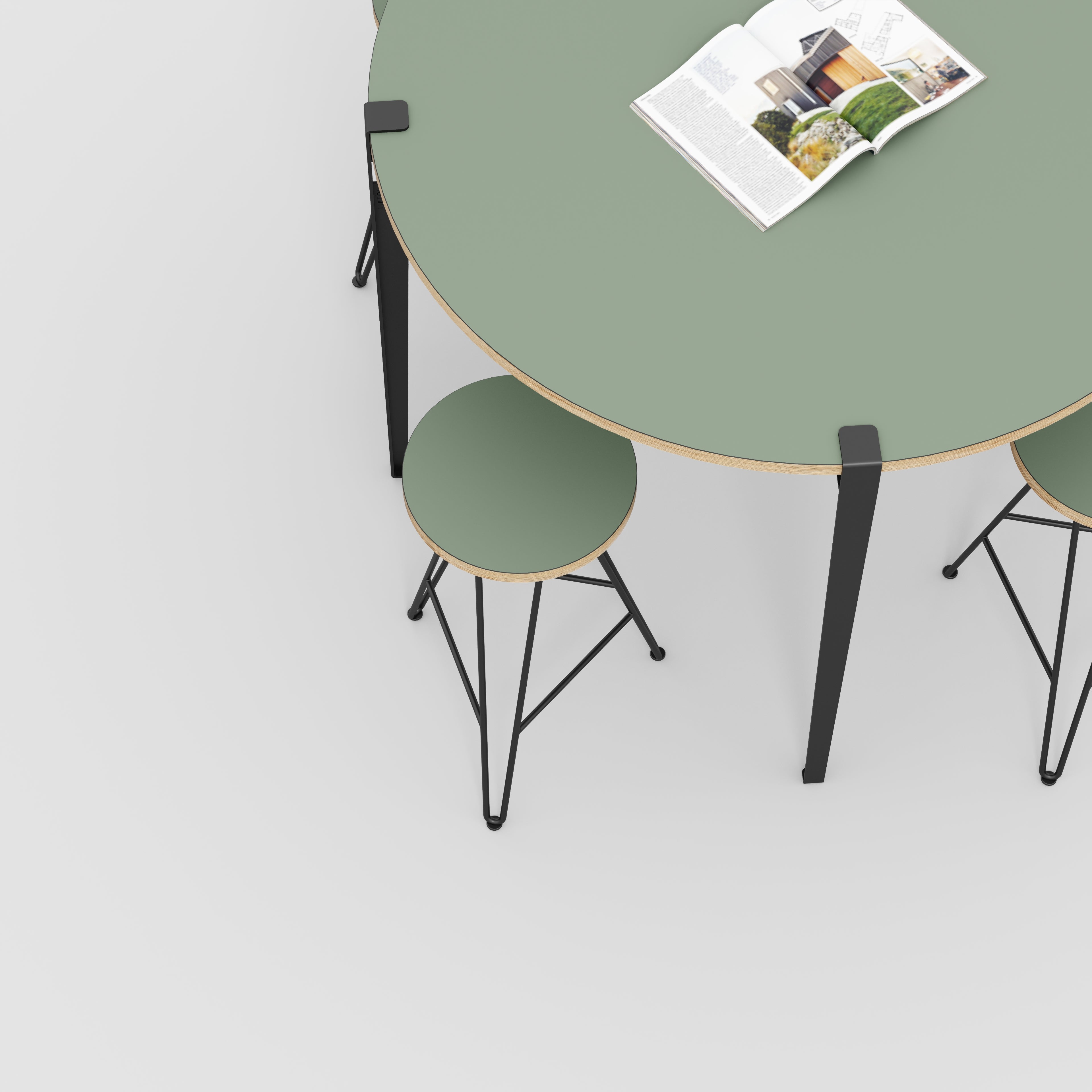 Plywood Round Table with Black Tiptoe Legs - Formica Green Slate - 1200(dia) x 900(h)