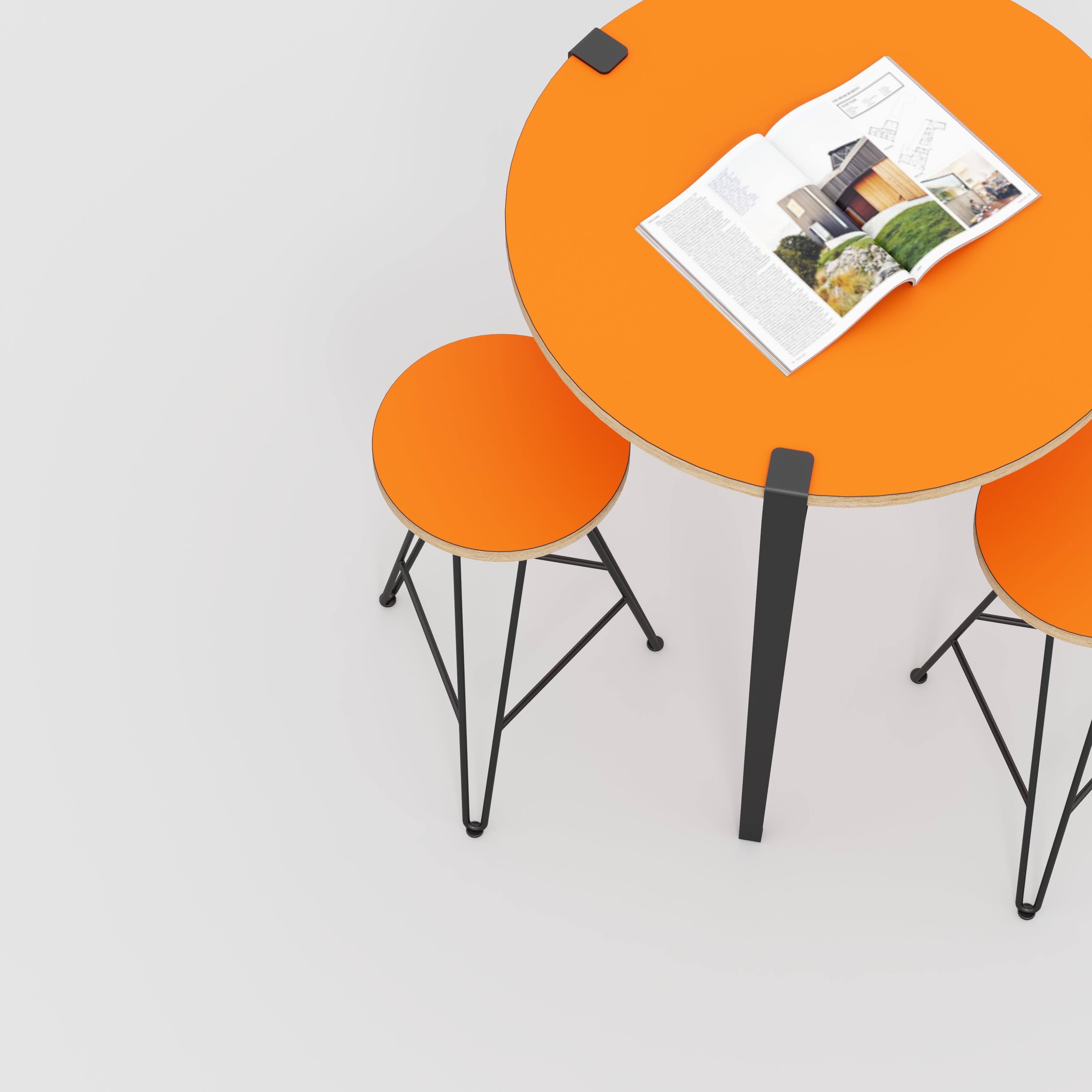 Plywood Round Table with Black Tiptoe Legs - Formica Levante Orange - 800(dia) x 900(h)