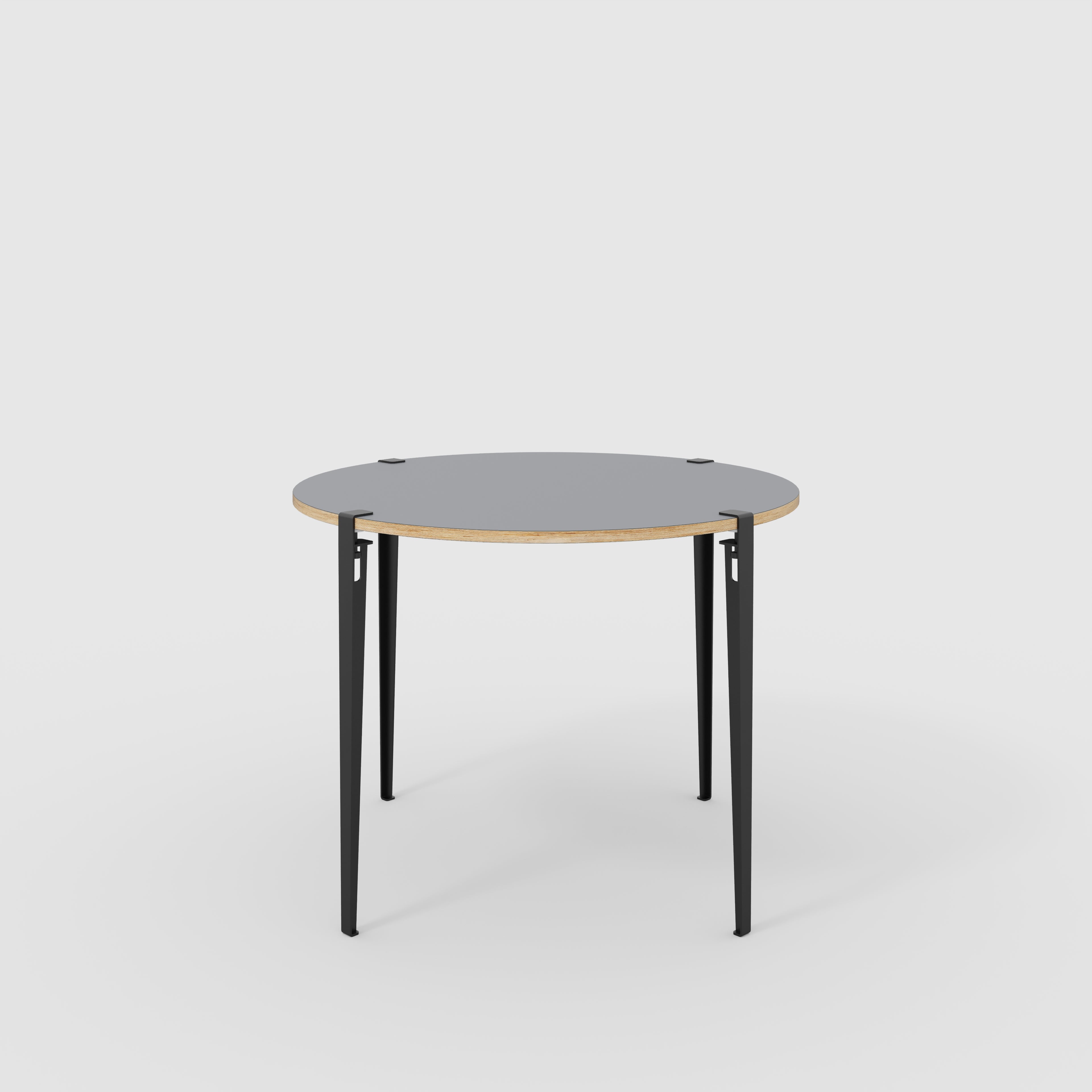 Plywood Round Table with Black Tiptoe Legs - Formica Tornado Grey - 1200(dia) x 900(h)