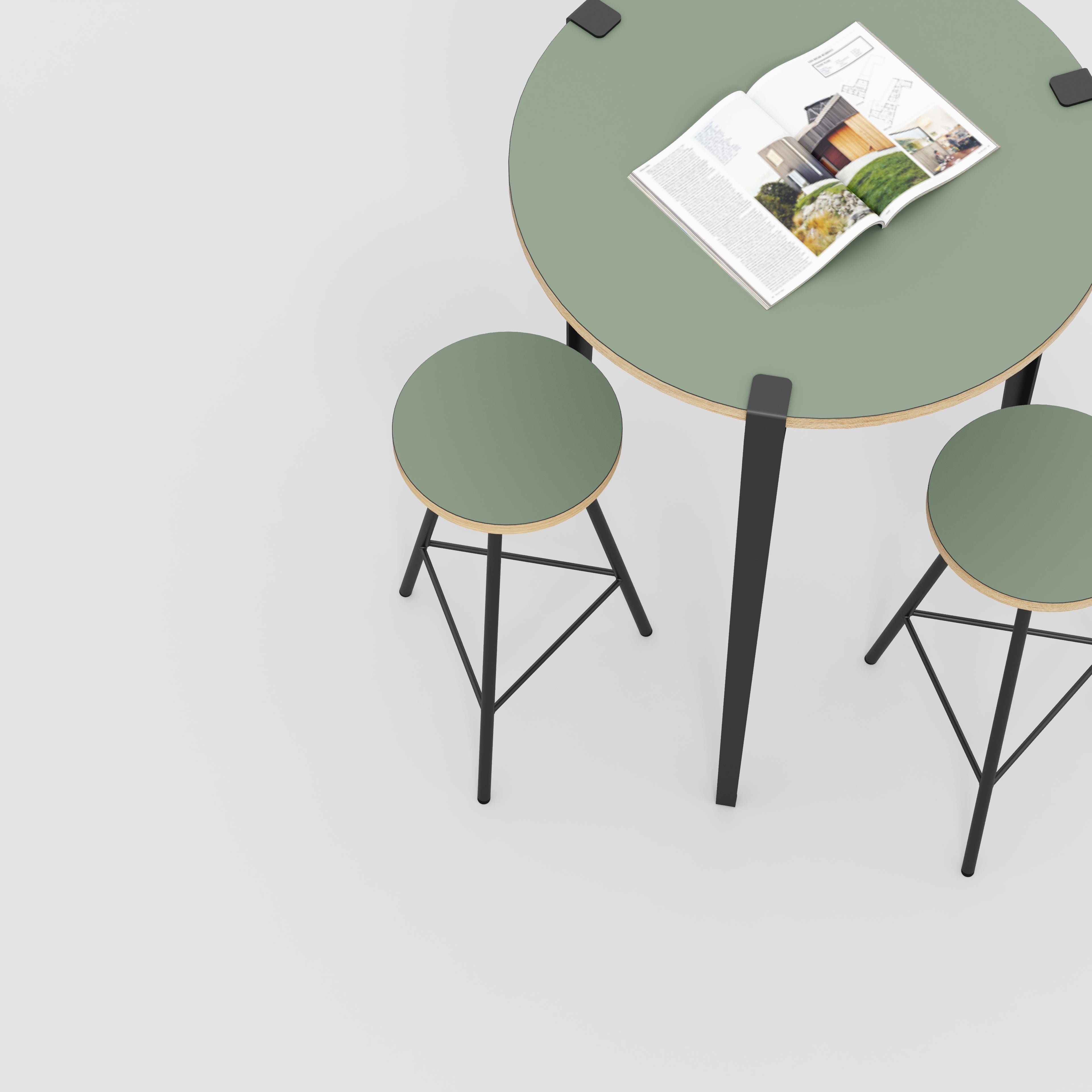 Plywood Round Table with Black Tiptoe Legs - Formica Green Slate - 800(dia) x 1100(h)