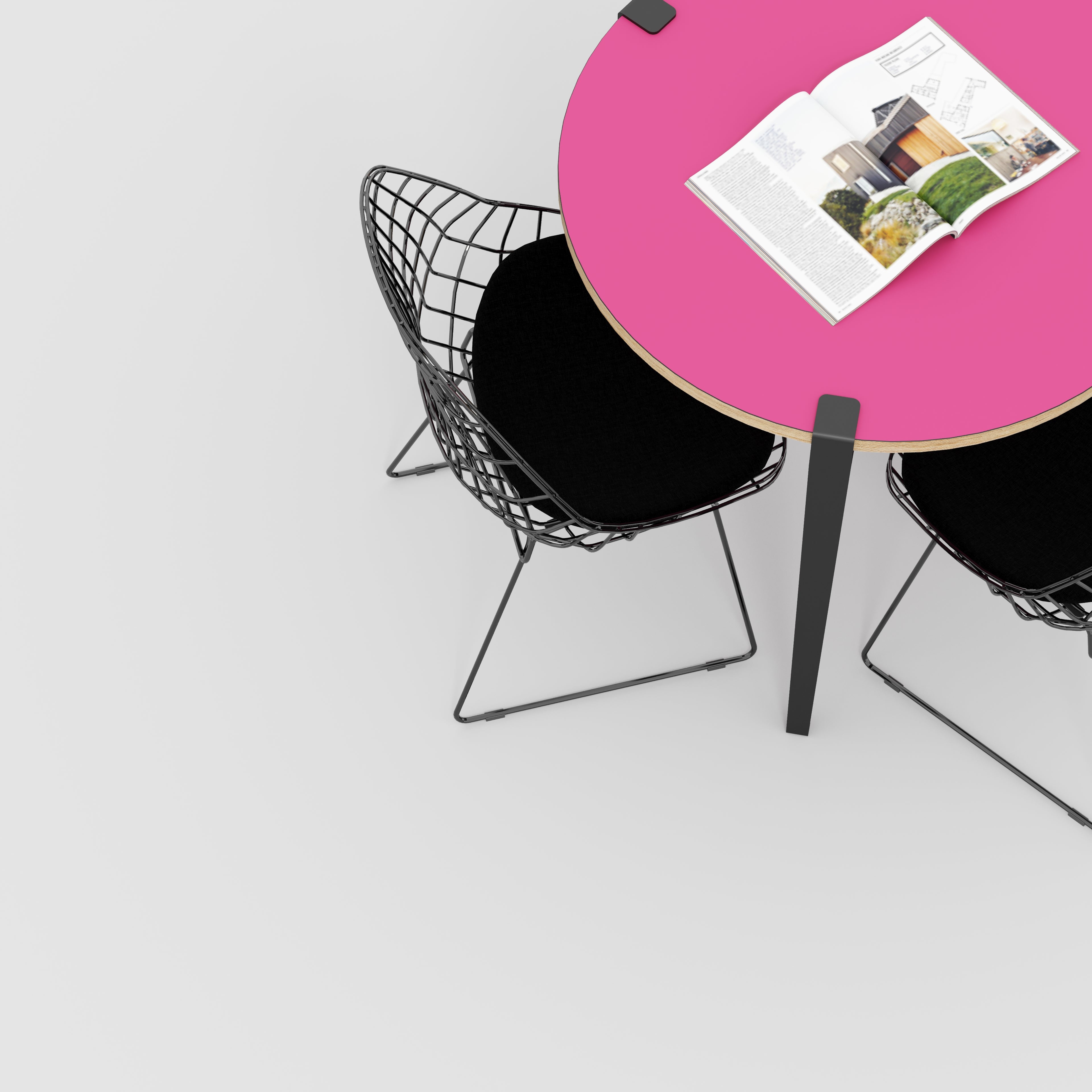 Plywood Round Table with Black Tiptoe Legs - Formica Juicy Pink - 800(dia) x 750(h)