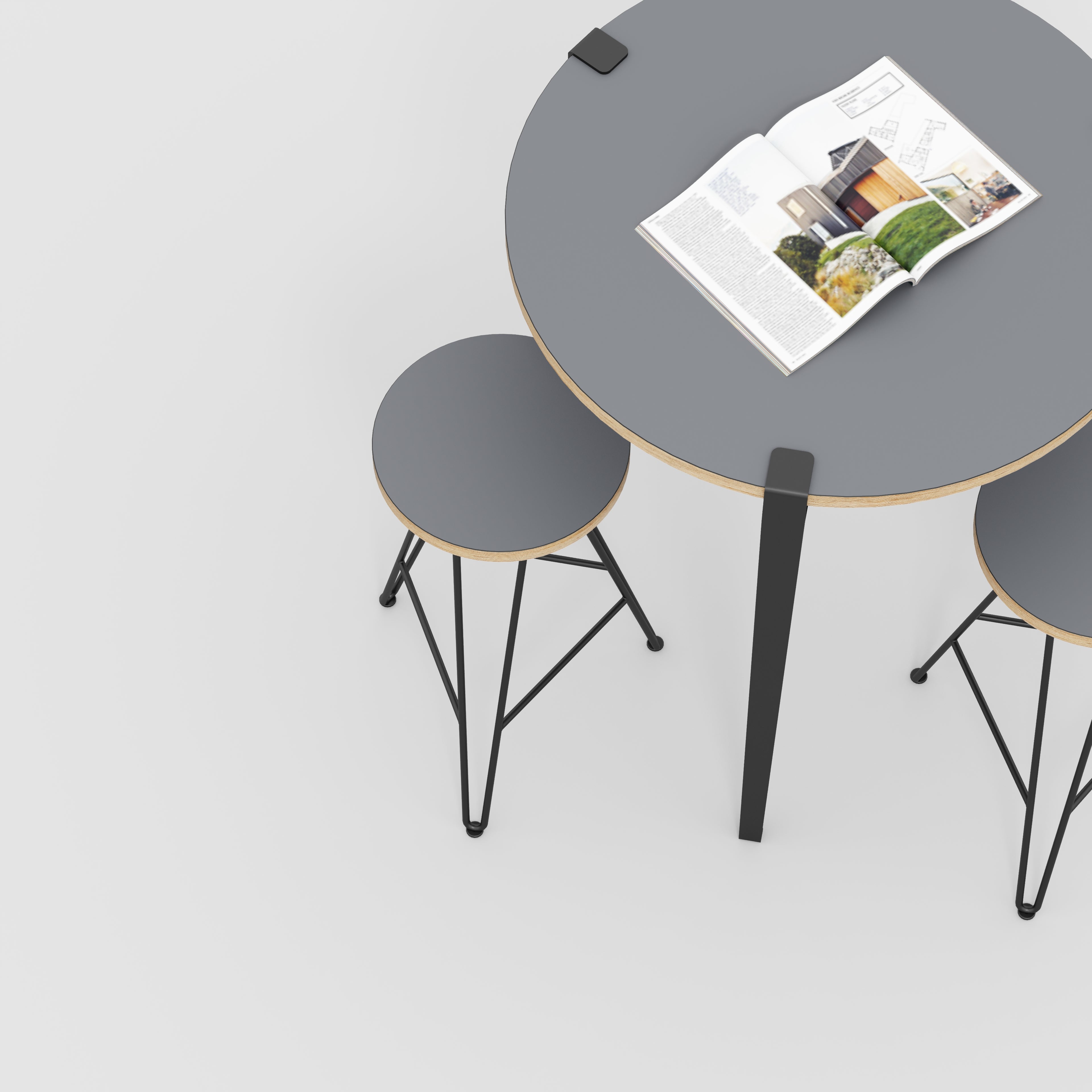 Plywood Round Table with Black Tiptoe Legs - Formica Tornado Grey - 800(dia) x 900(h)
