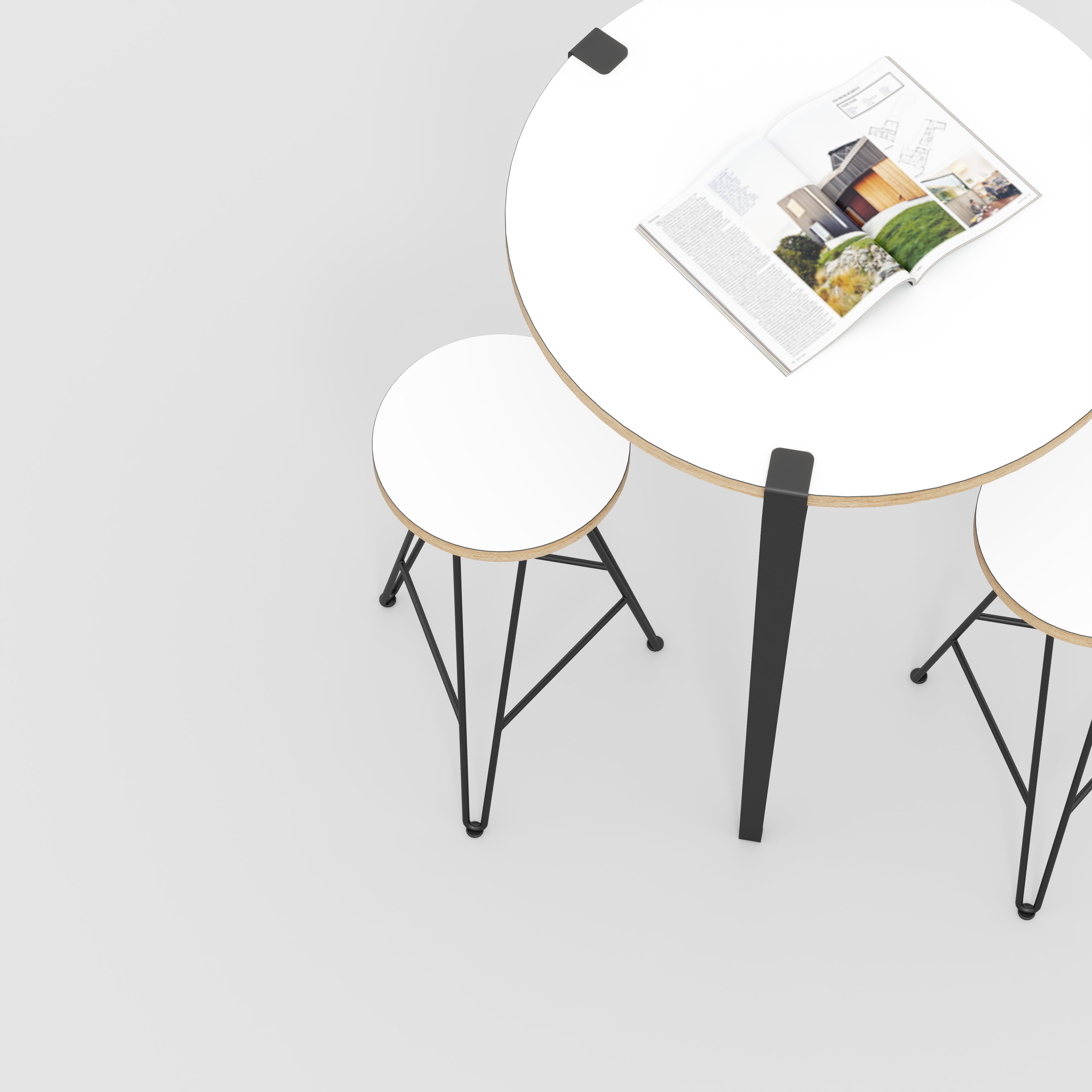 Plywood Round Table with Black Tiptoe Legs - Formica White - 800(dia) x 900(h)