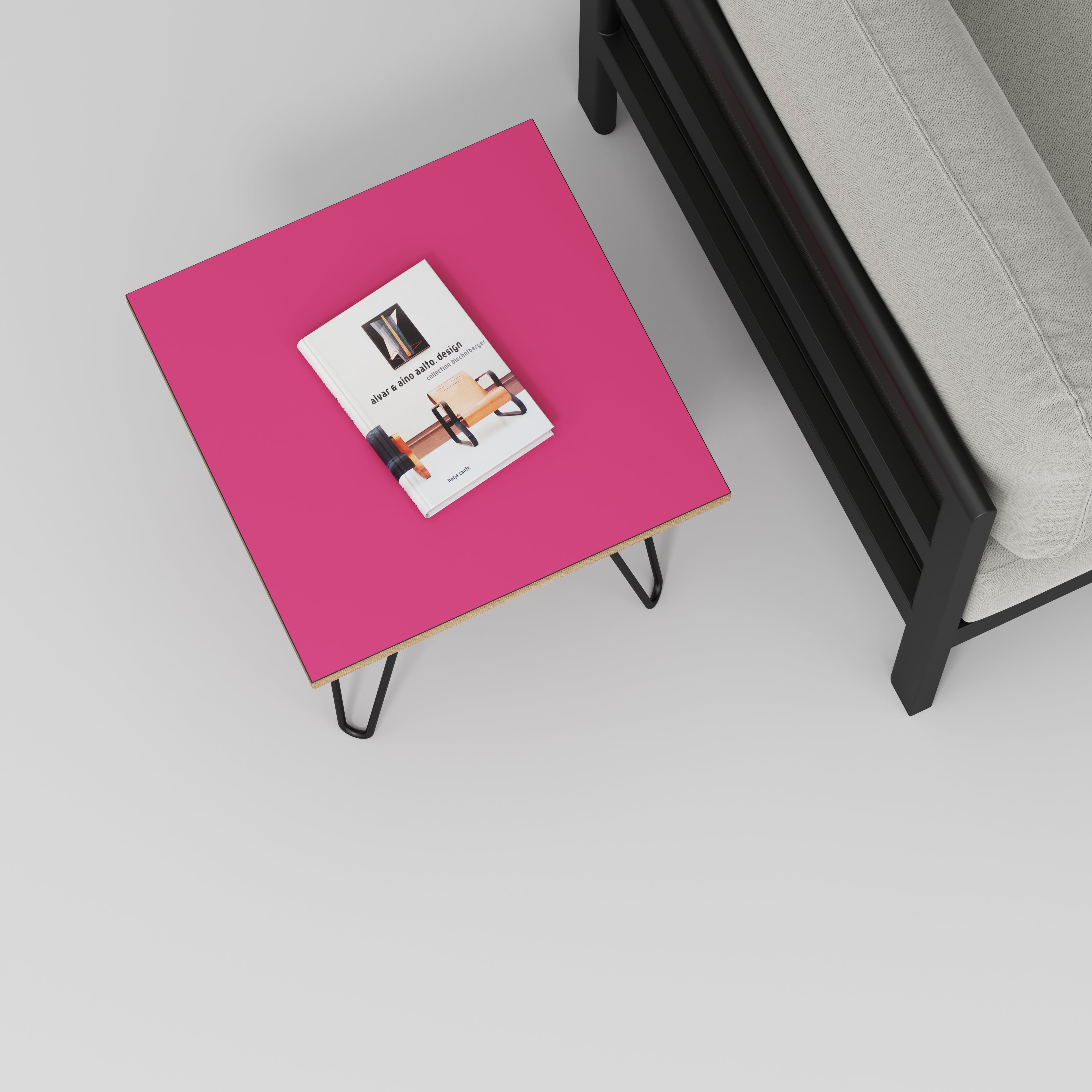 Plywood Side Table with Black Hairpin Legs - Formica Juicy Pink - 500(w) x 500(d) x 425(h)