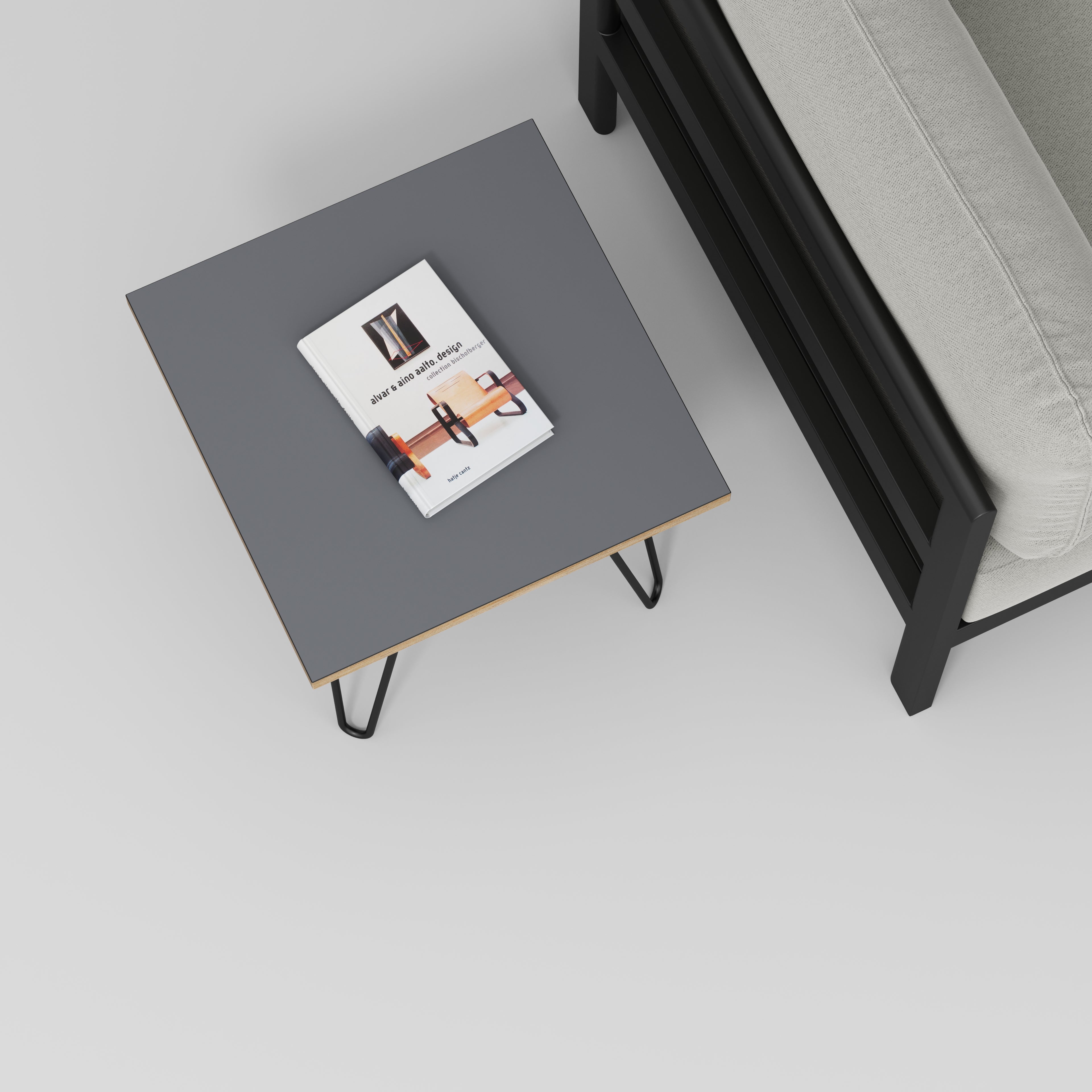 Plywood Side Table with Black Hairpin Legs - Formica Tornado Grey - 500(w) x 500(d) x 425(h)