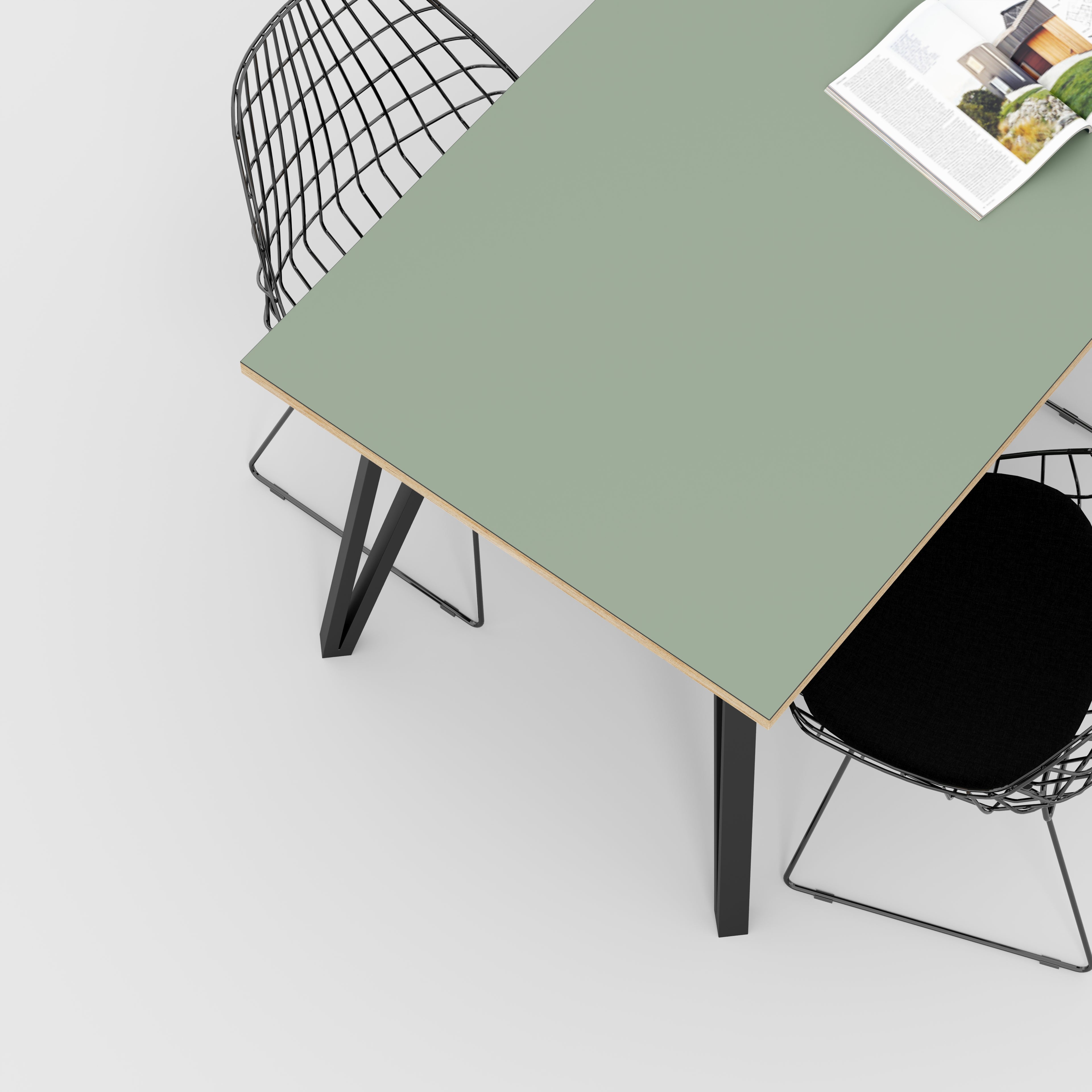 Plywood Table with Black Box Hairpin Legs - Formica Green Slate - 1600(w) x 800(d) x 735(h)