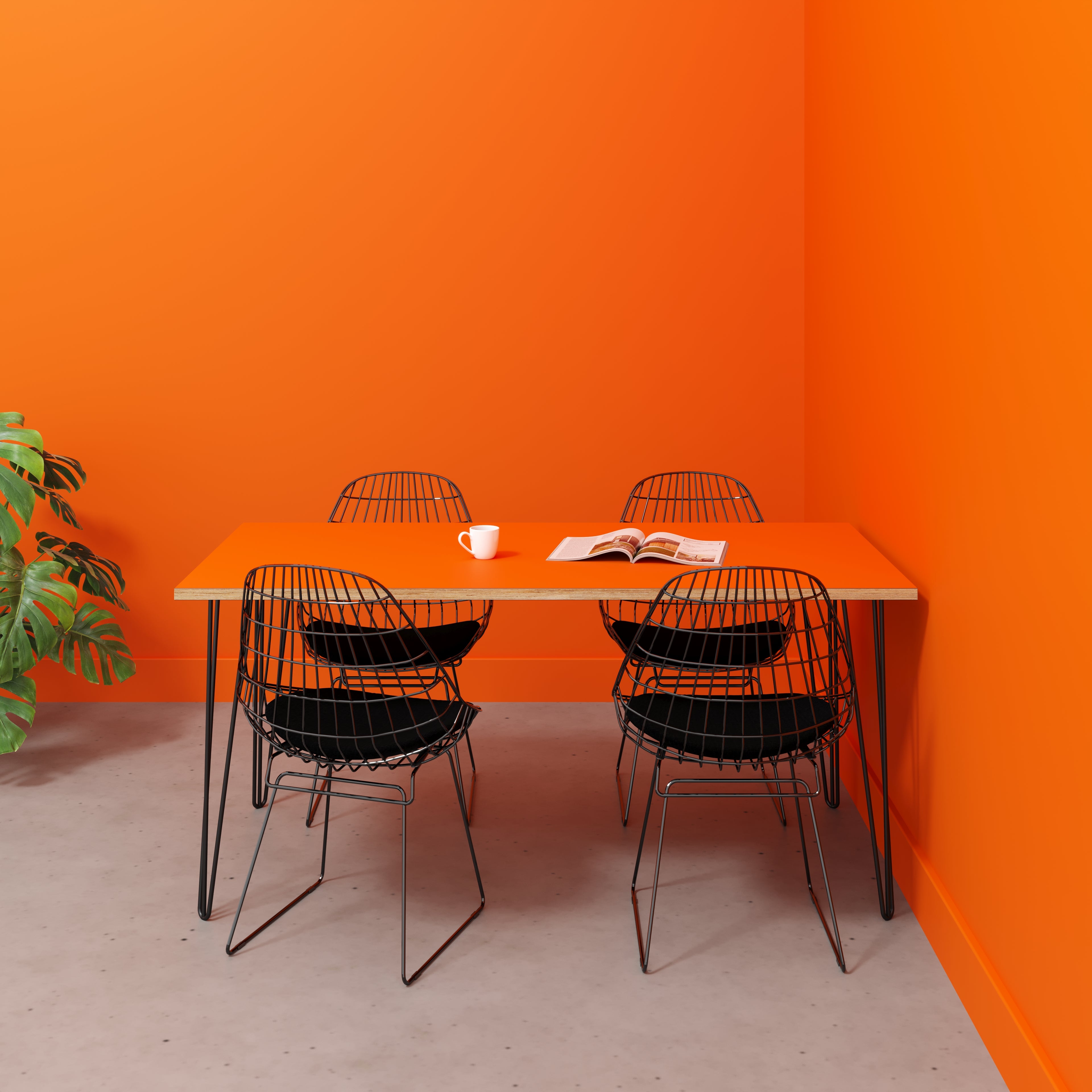 Plywood Table with Black Hairpin Legs - Formica Levante Orange - 1600(w) x 800(d)