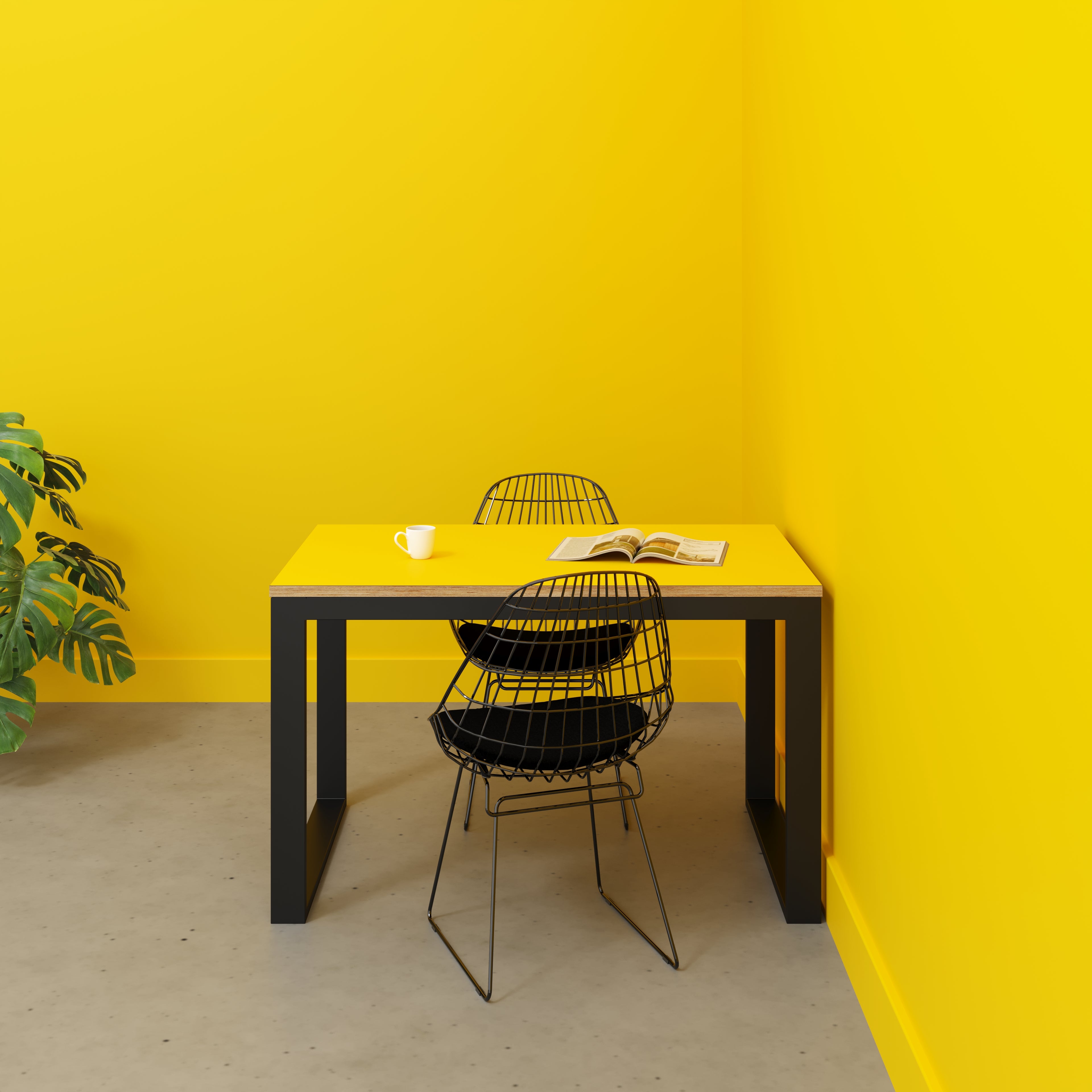 Plywood Table with Black Industrial Frame - Formica Chrome Yellow - 1200(w) x 745(d) x 735(h)