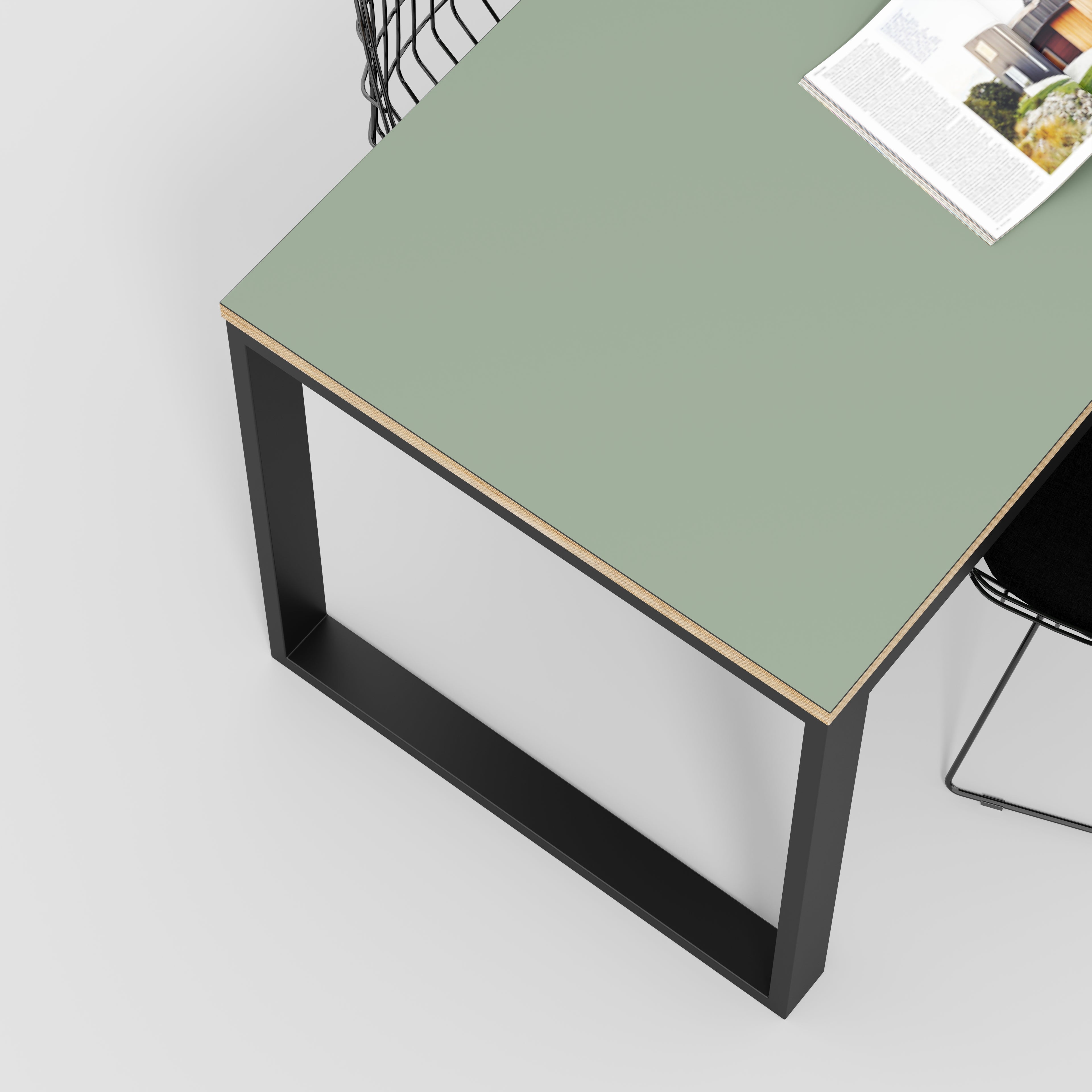 Plywood Table with Black Industrial Frame - Formica Green Slate - 1500(w) x 745(d) x 735(h)