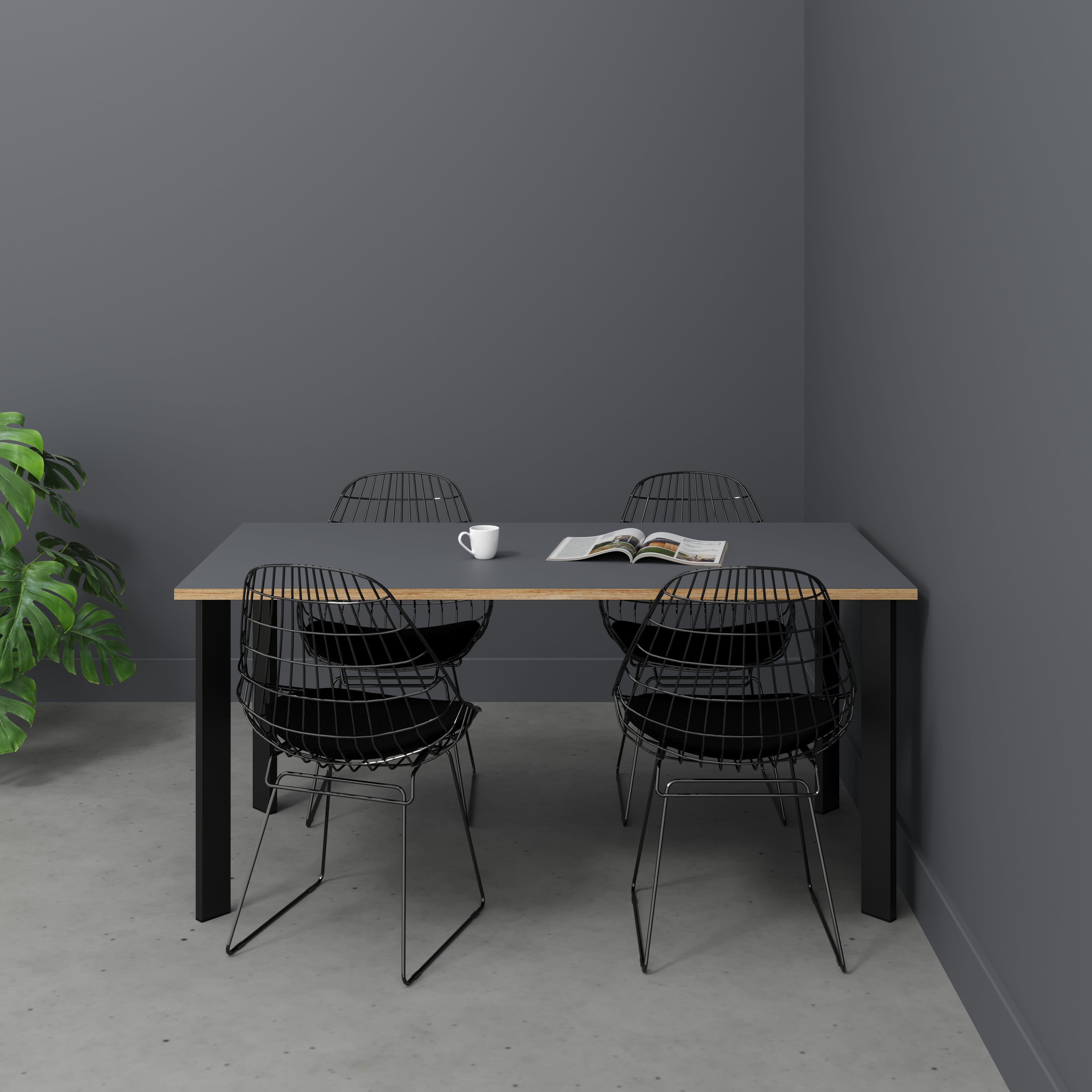 Plywood Table with Black Rectangular Single Pin Legs - Formica Tornado Grey - 1600(w) x 800(d) x 735(h)