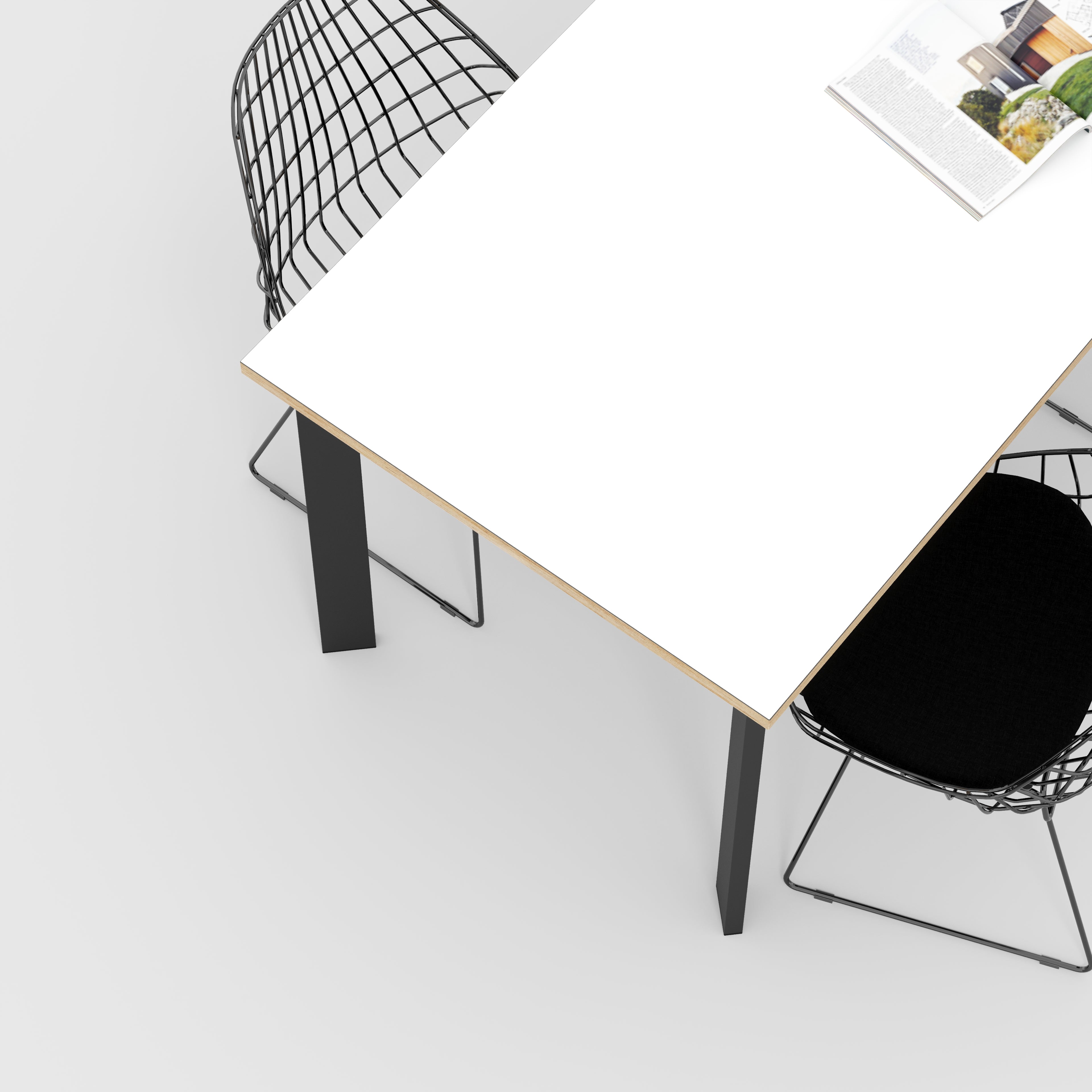 Plywood Table with Black Rectangular Single Pin Legs - Formica White - 1600(w) x 800(d) x 735(h)