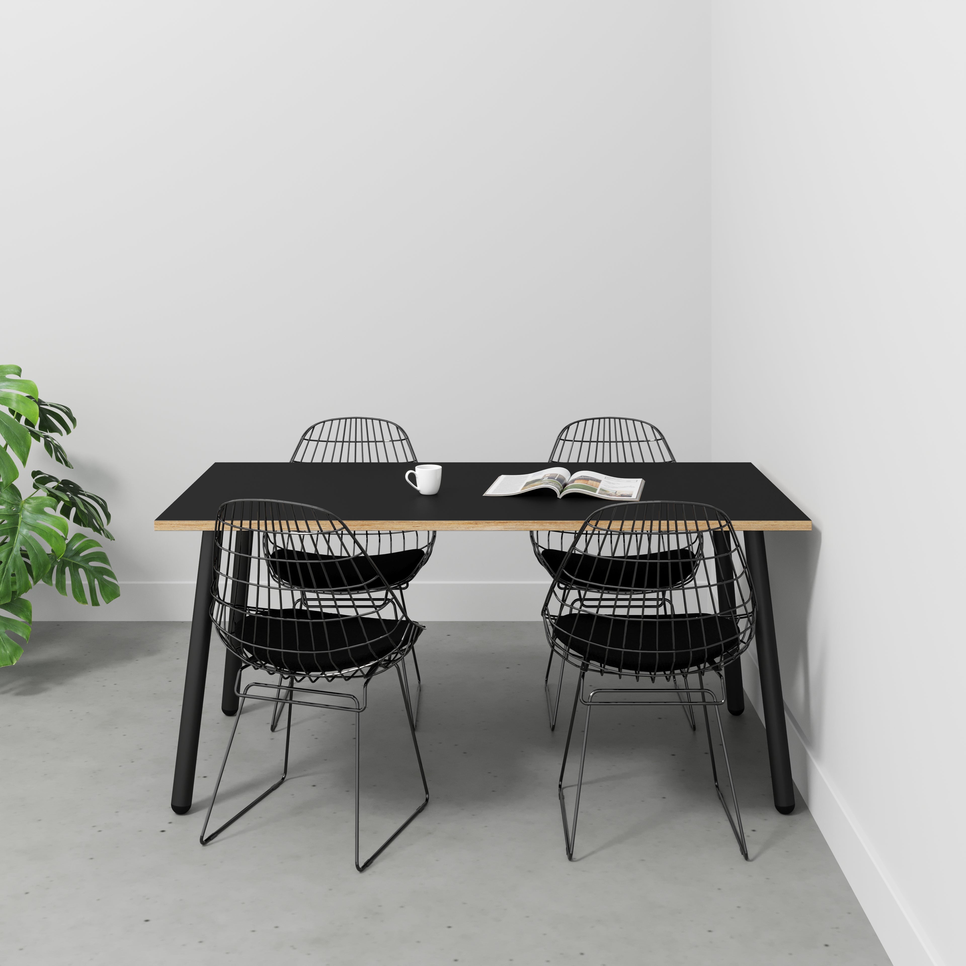 Plywood Table with Black Round Single Pin Legs - Formica Diamond Black - 1600(w) x 800(d) x 735(h)