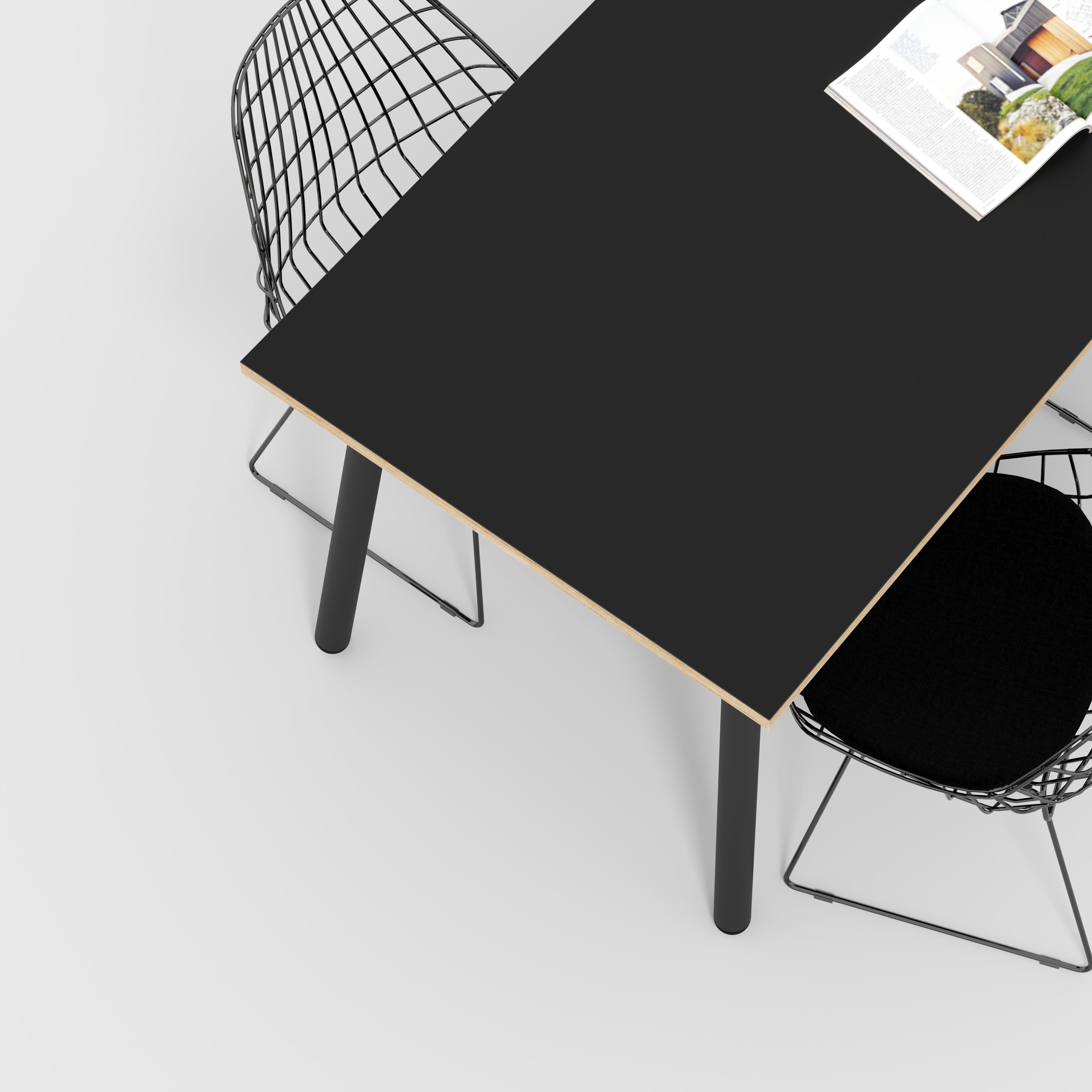 Plywood Table with Black Round Single Pin Legs - Formica Diamond Black - 1600(w) x 800(d) x 735(h)