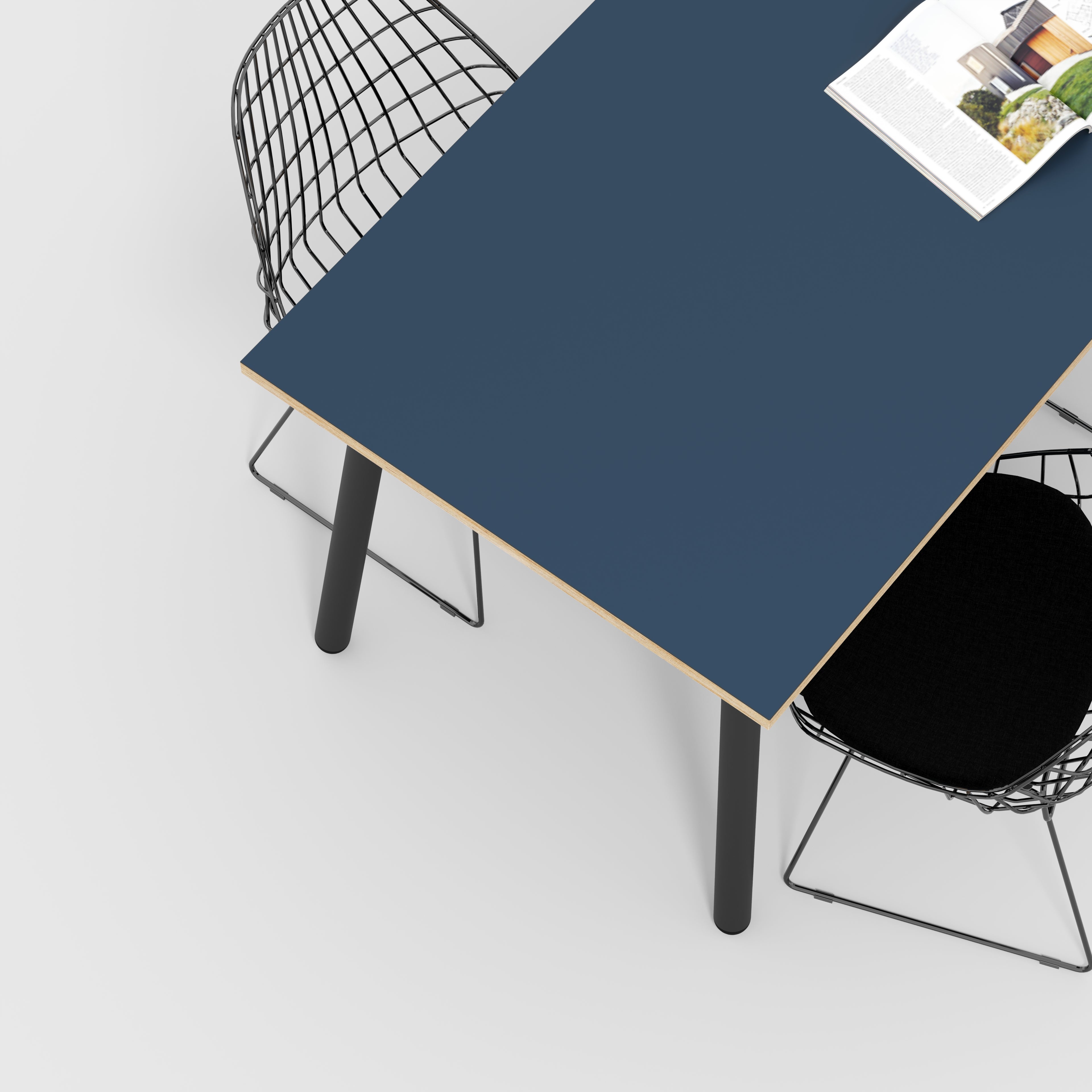 Plywood Table with Black Round Single Pin Legs - Formica Night Sea Blue - 1600(w) x 800(d) x 735(h)