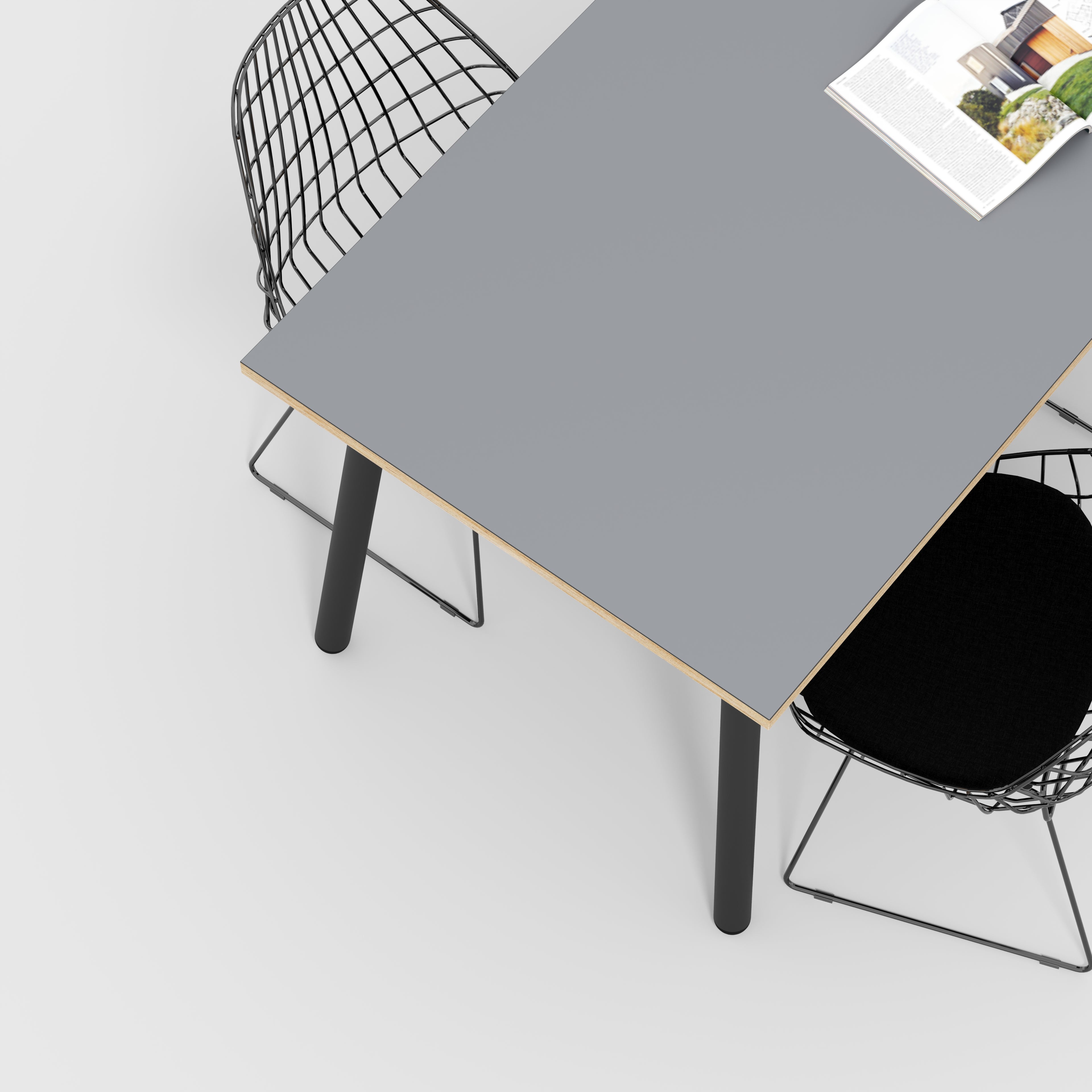 Plywood Table with Black Round Single Pin Legs - Formica Tornado Grey - 1600(w) x 800(d) x 735(h)