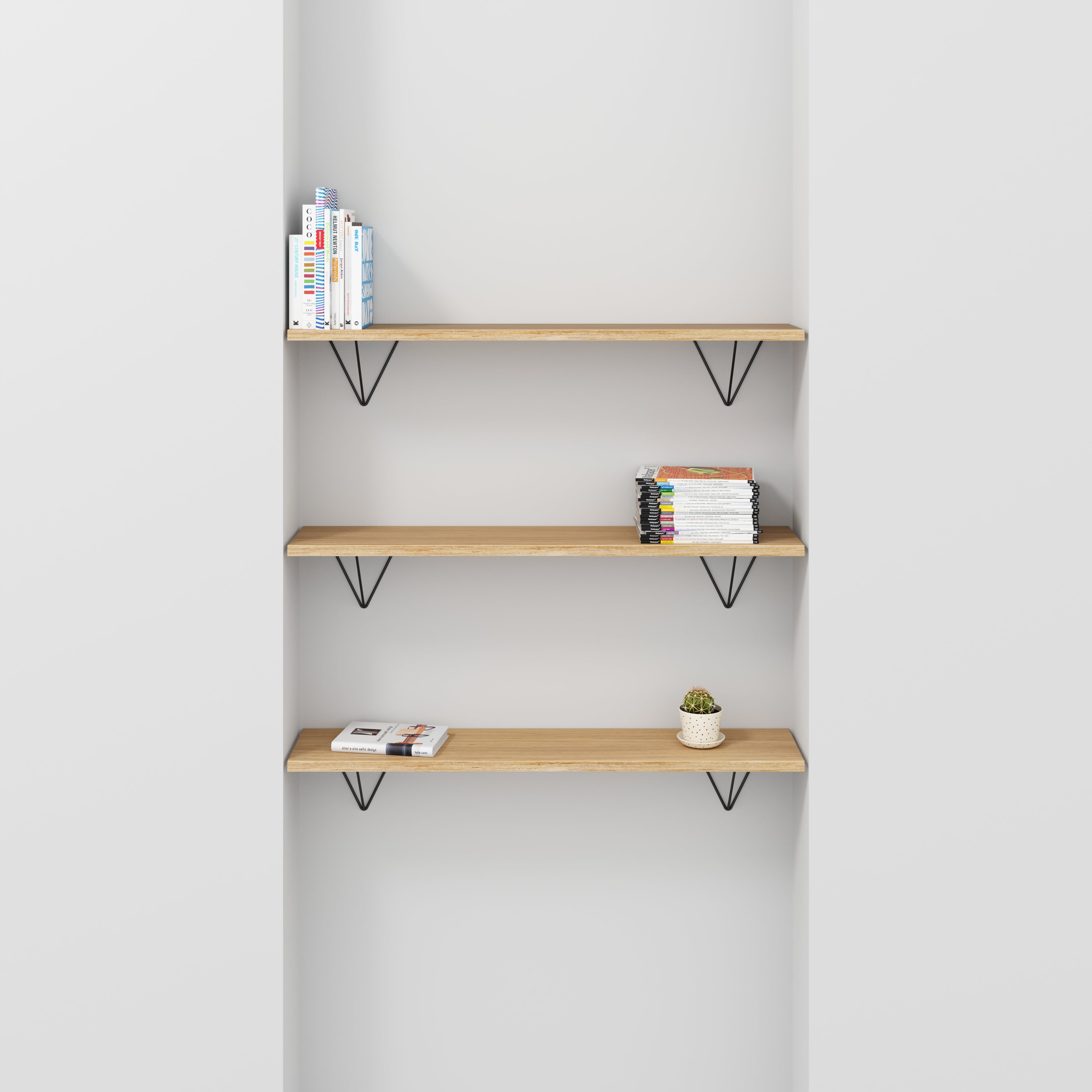 Plywood Wall Shelf with Prism Brackets - Plywood Oak - 1200(w) x 250(d)