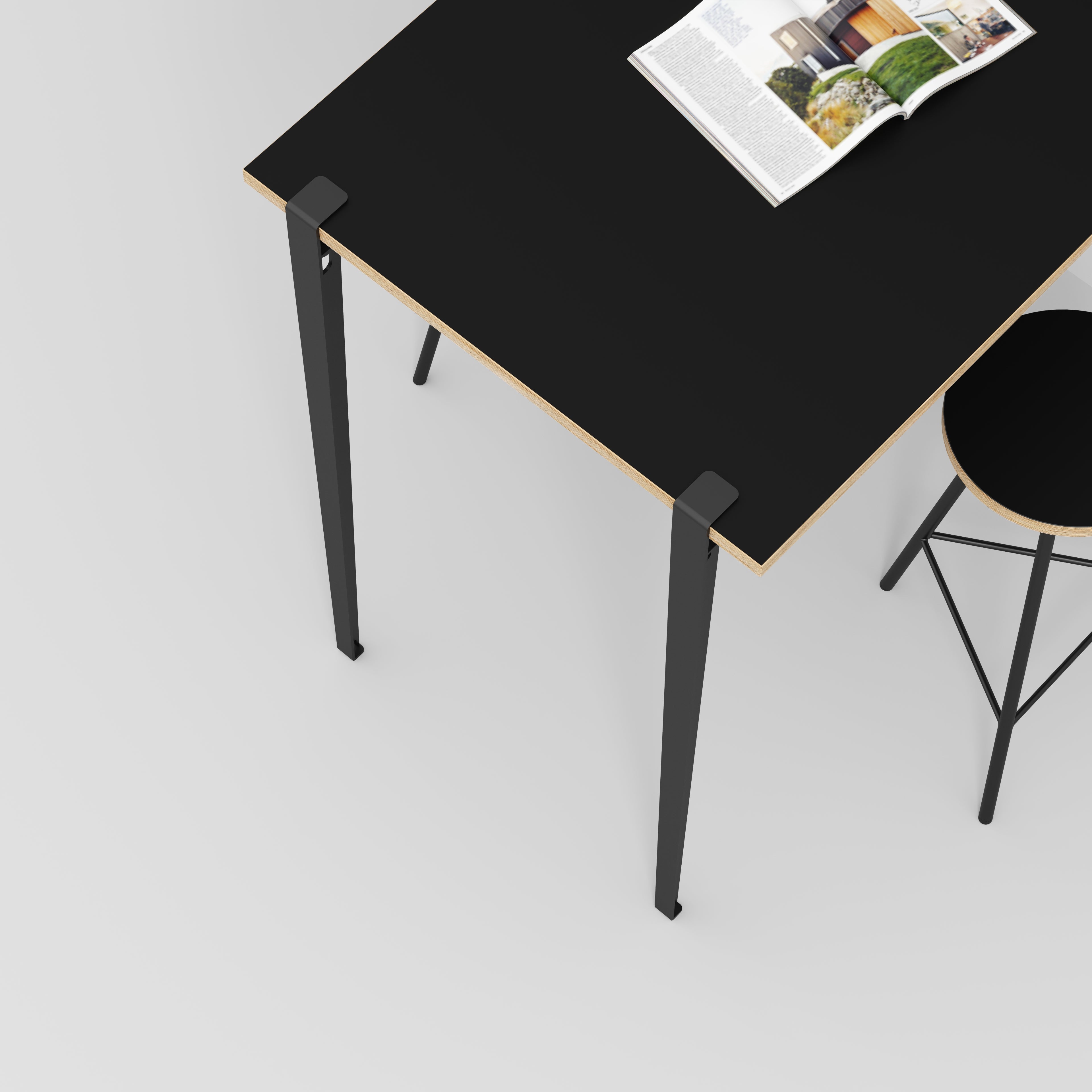 Plywood Wall Table with Black Tiptoe Legs and Brackets - Formica Diamond Black - 1200(w) x 800(d) x 1100(h)