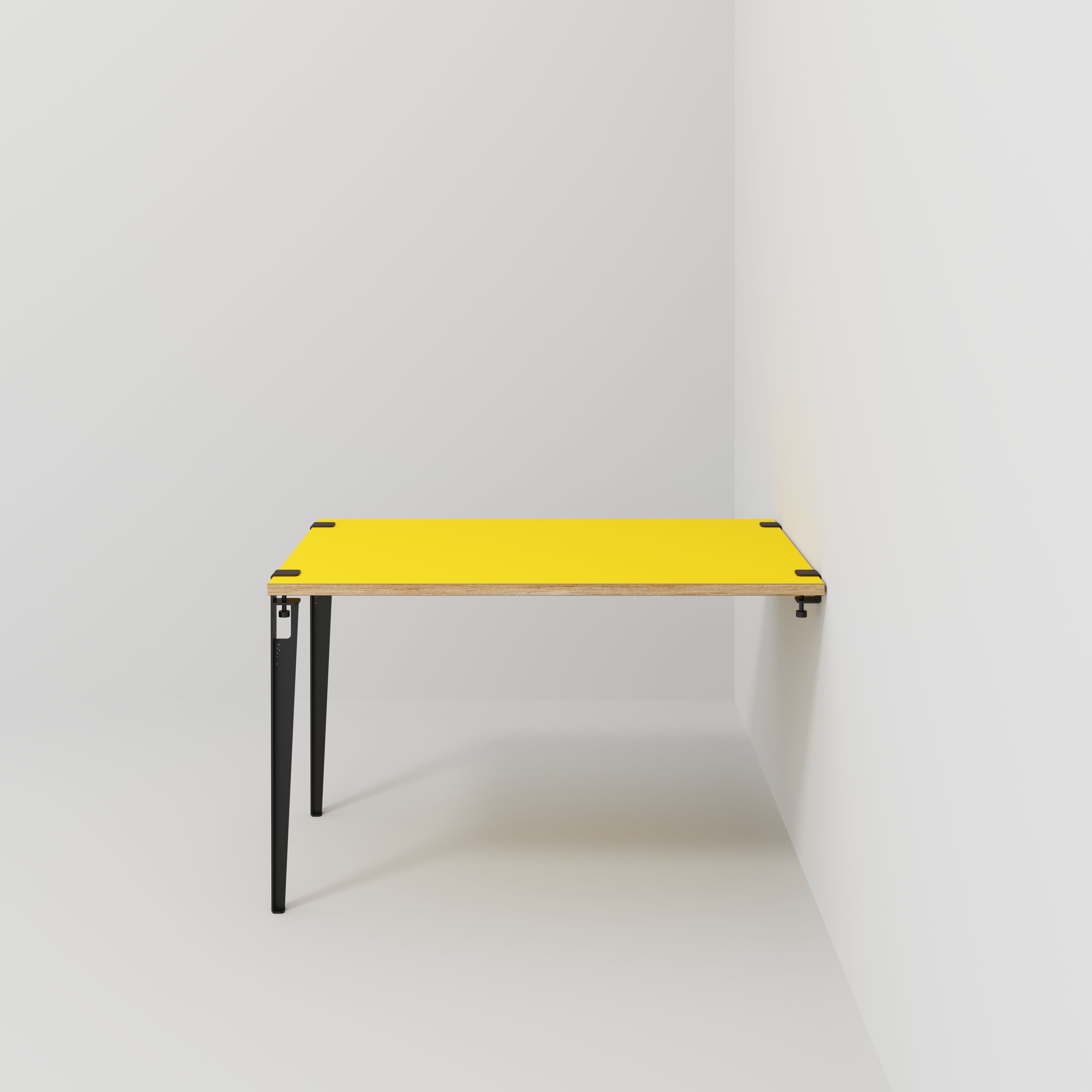 Plywood Wall Table with Black Tiptoe Legs and Brackets - Formica Chrome Yellow - 1200(w) x 800(d) x 750(h)