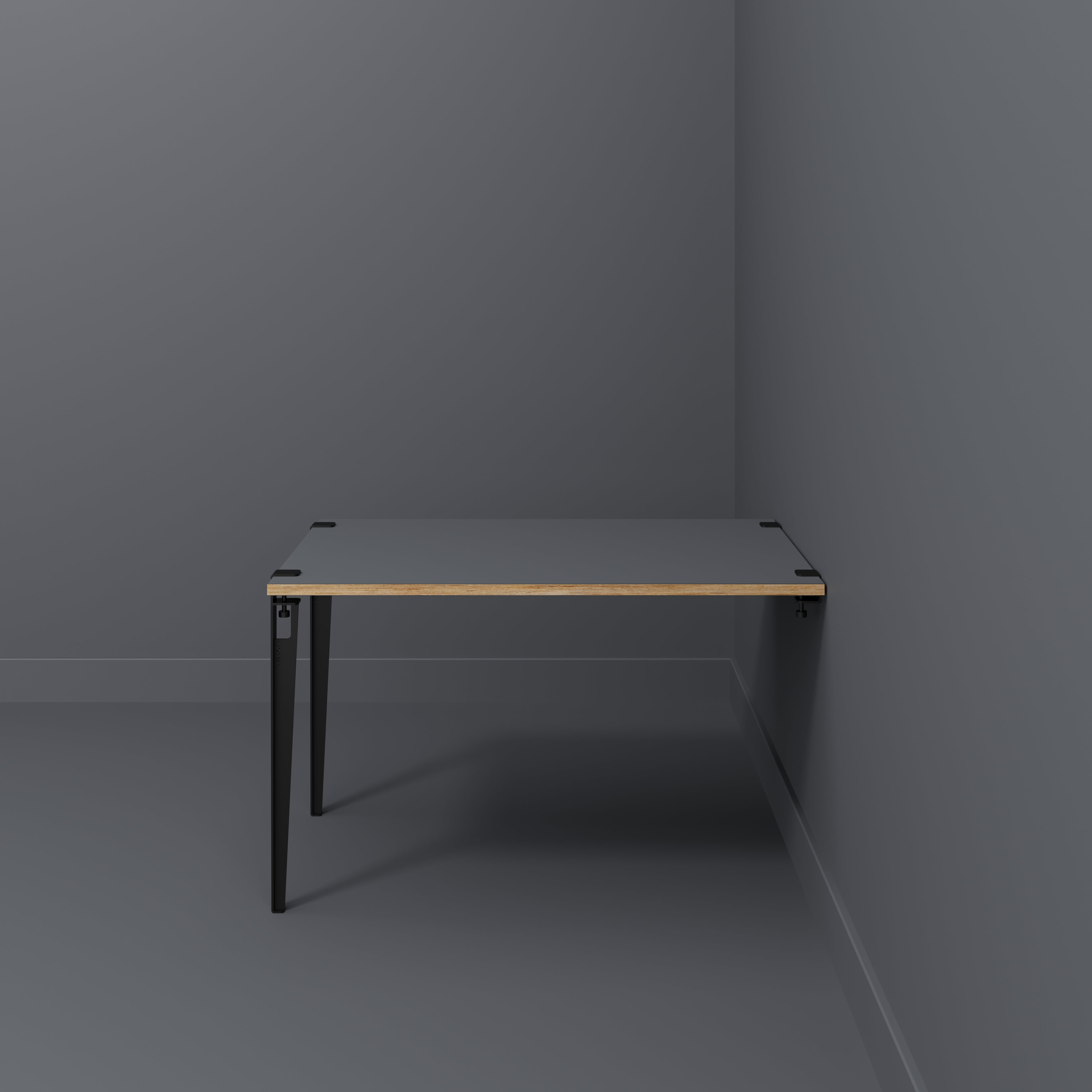 Plywood Wall Table with Black Tiptoe Legs and Brackets - Formica Tornado Grey - 1200(w) x 800(d) x 750(h)