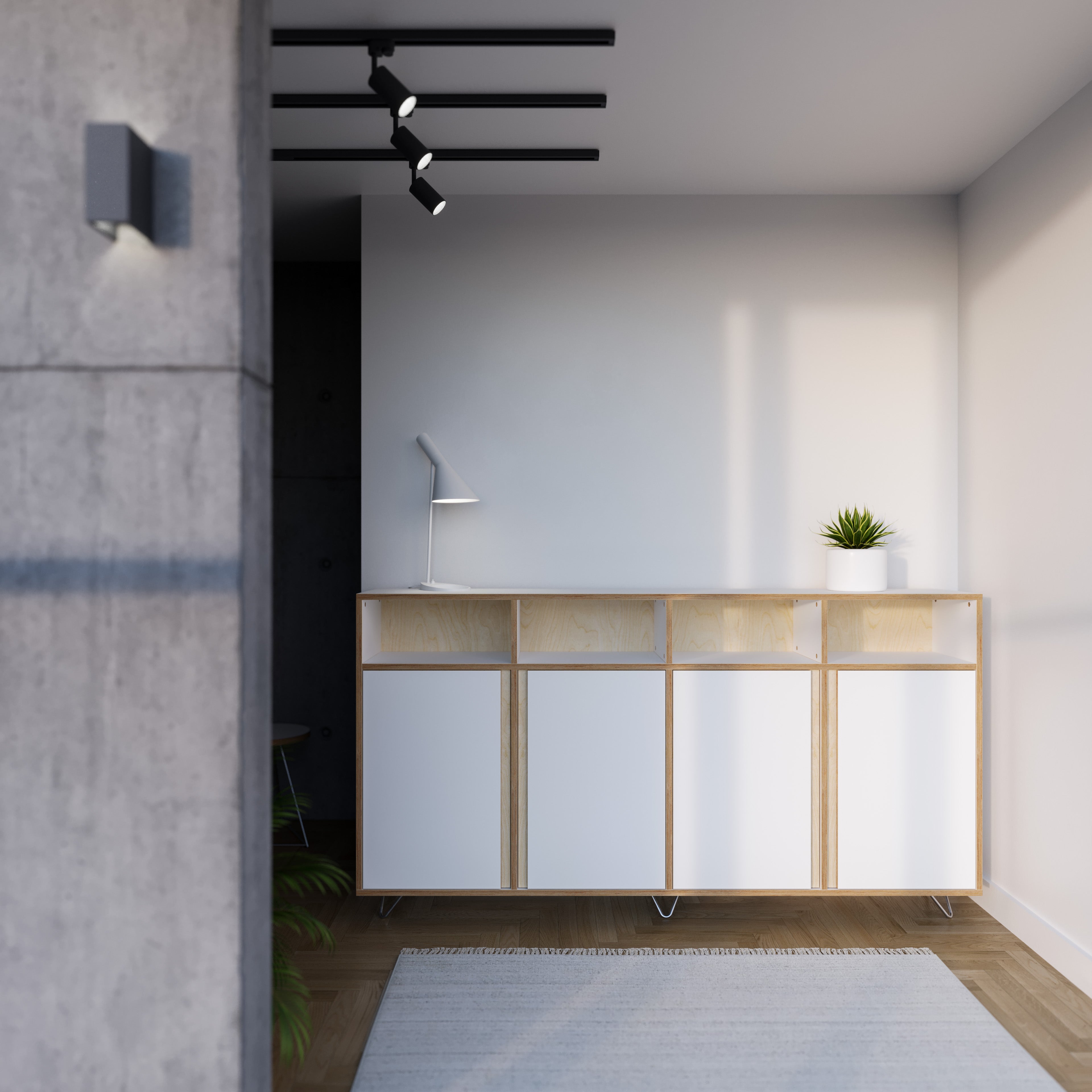 white plywood sideboard hallway
