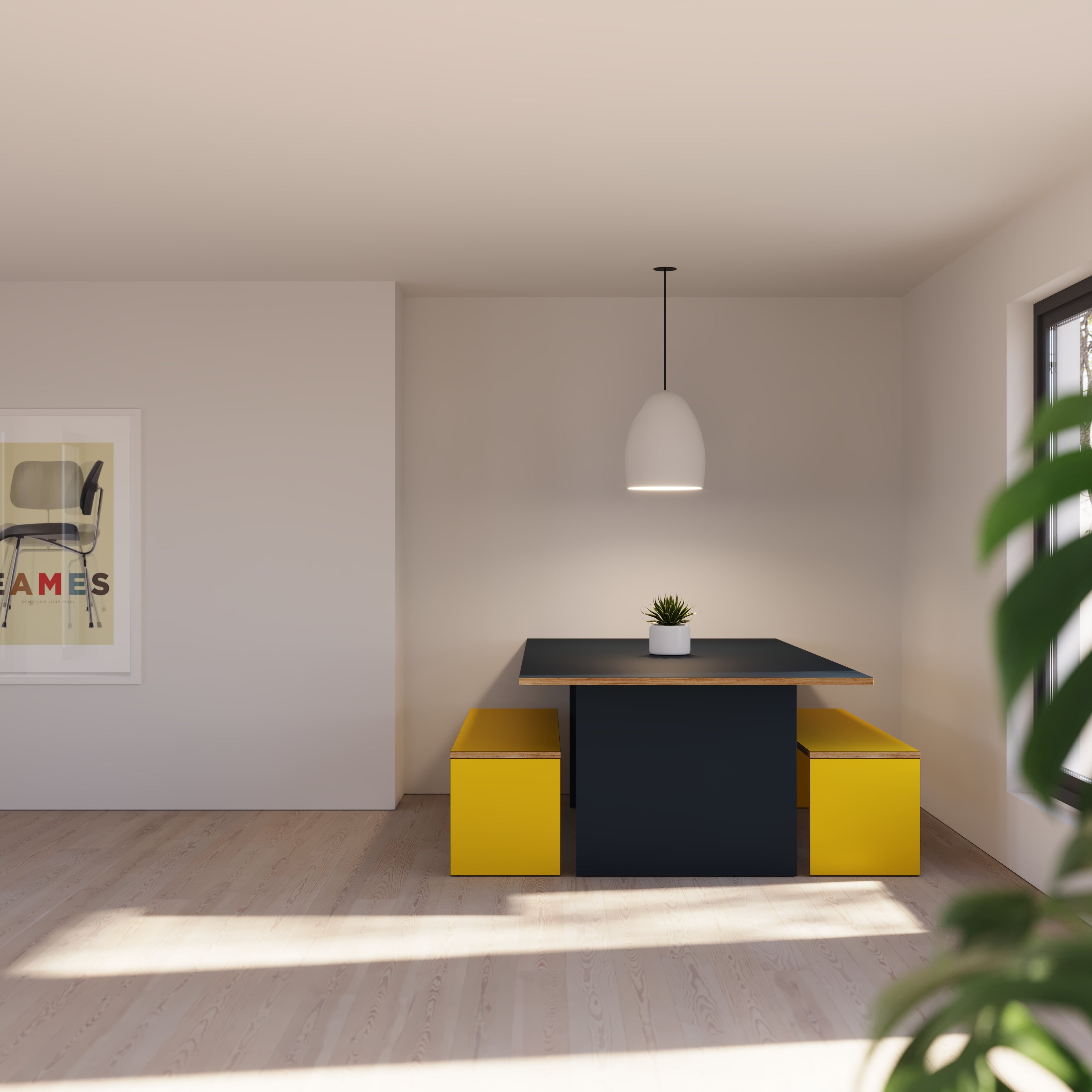 blue platform dining table and yellow bench seats