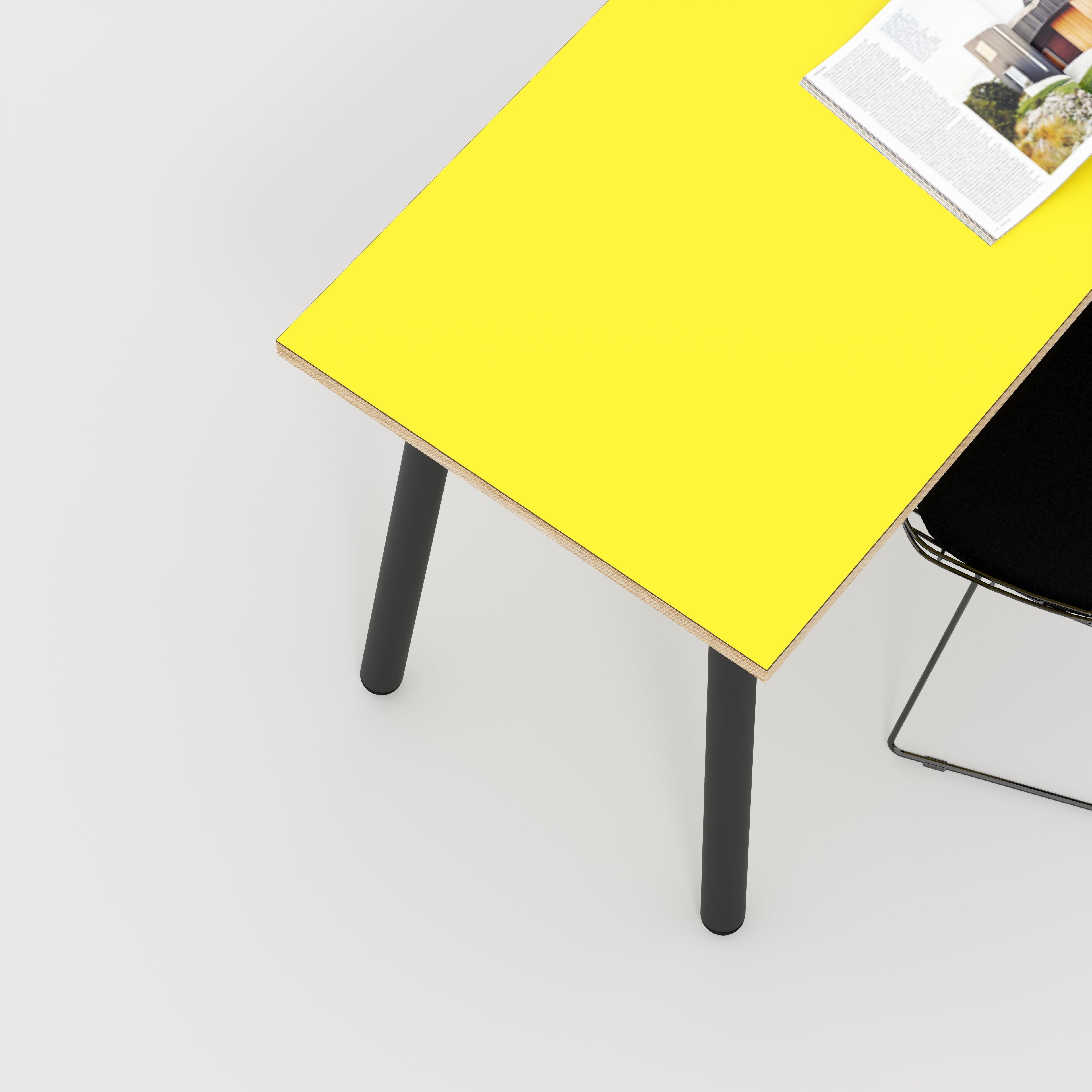 Plywood Desk with Black Round Single Pin Legs - Formica Chrome Yellow - 1600(w) x 800(d) x 735(h)