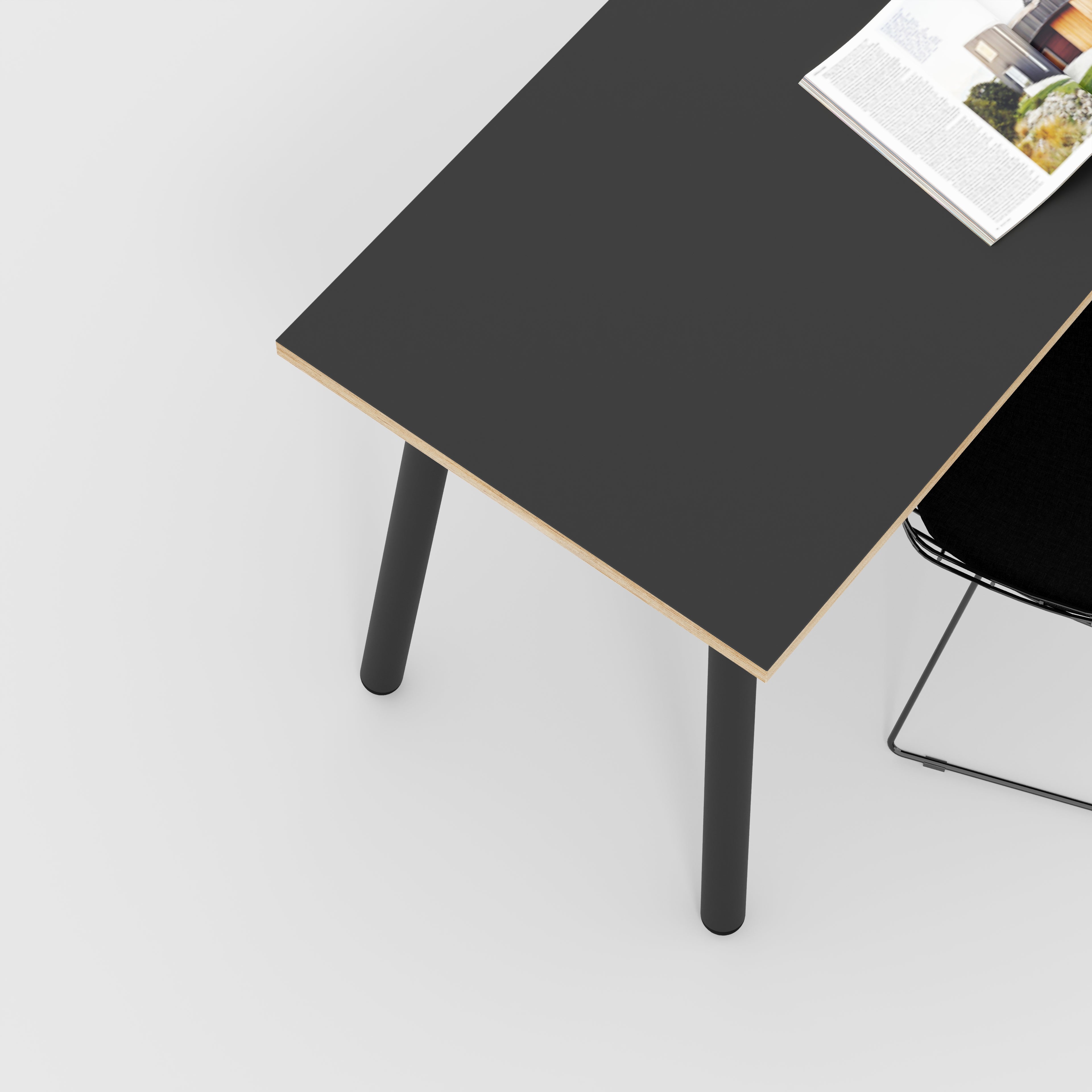 Plywood Desk with Black Round Single Pin Legs - Formica Diamond Black - 1200(w) x 600(d) x 735(h)