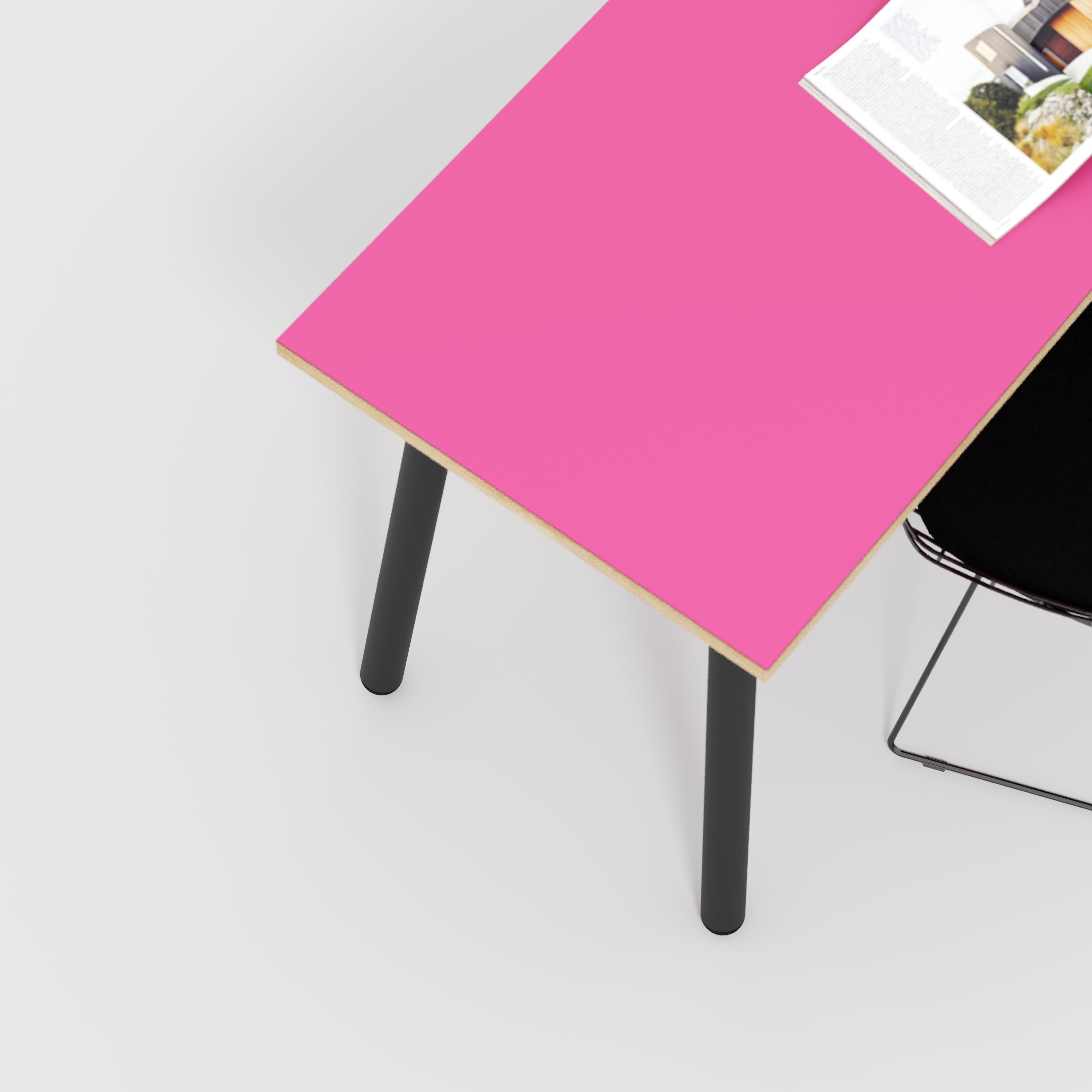 Plywood Desk with Black Round Single Pin Legs - Formica Juicy Pink - 1600(w) x 800(d) x 735(h)