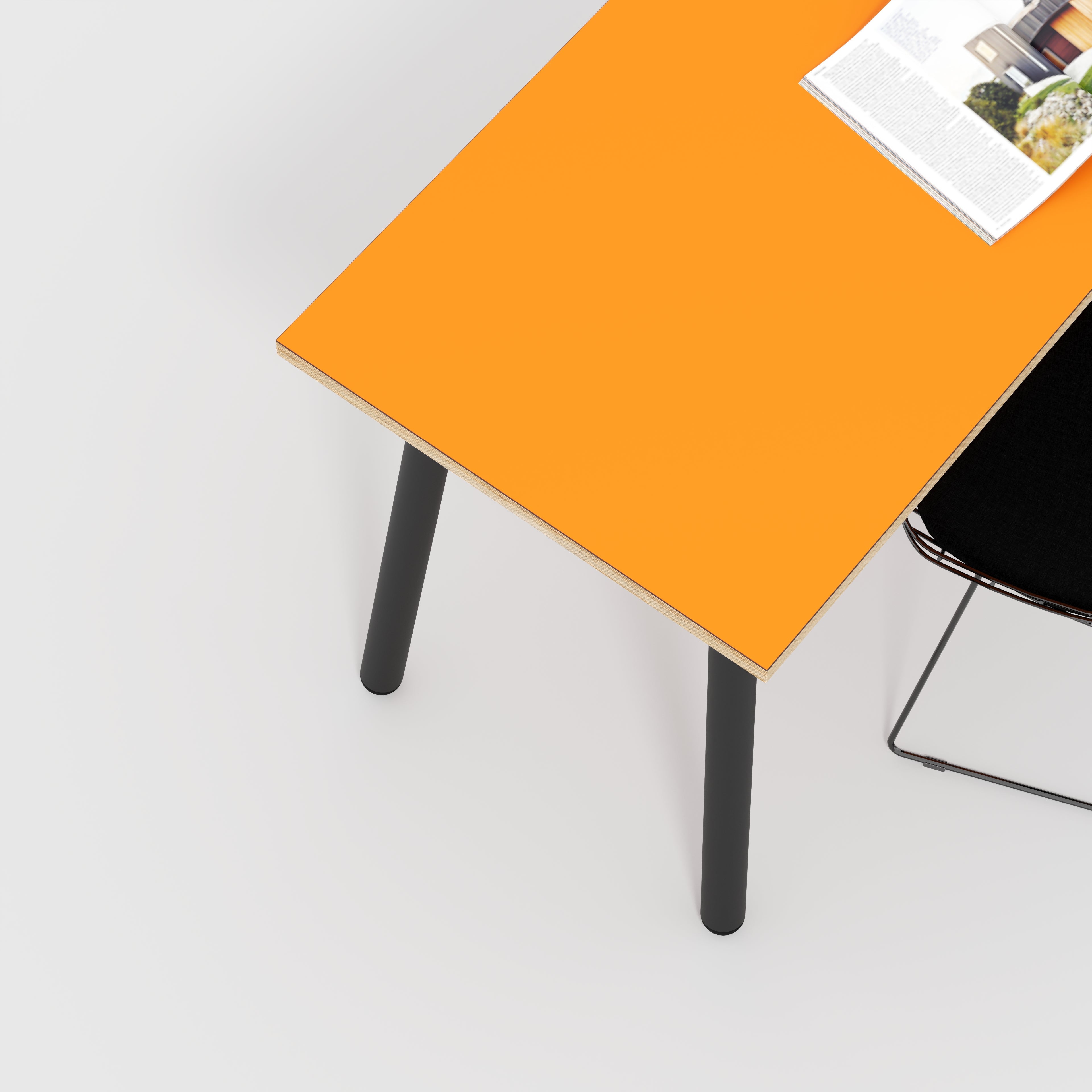 Plywood Desk with Black Round Single Pin Legs - Formica Levante Orange - 1200(w) x 600(d) x 735(h)