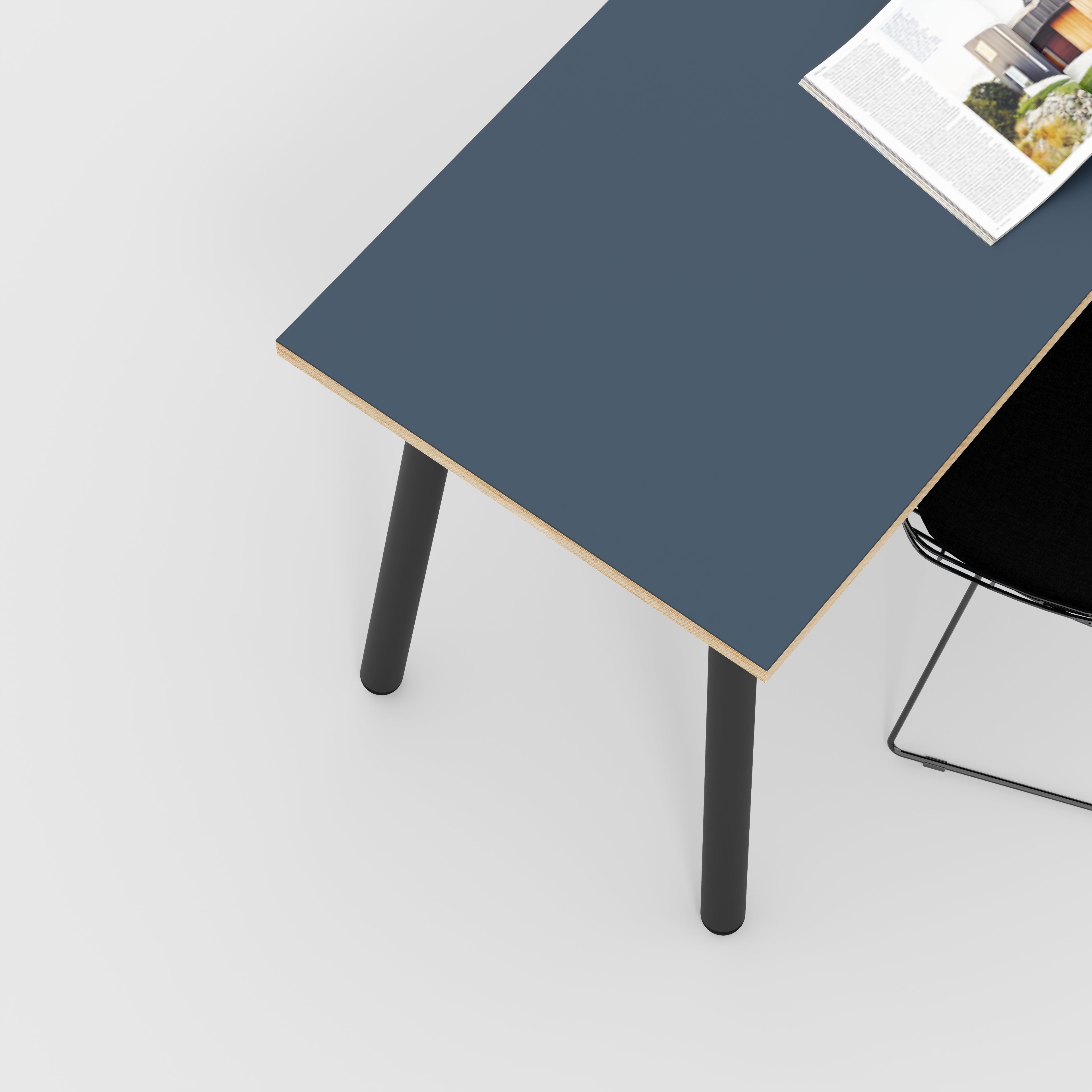 Plywood Desk with Black Round Single Pin Legs - Formica Night Sea Blue - 1600(w) x 800(d) x 735(h)