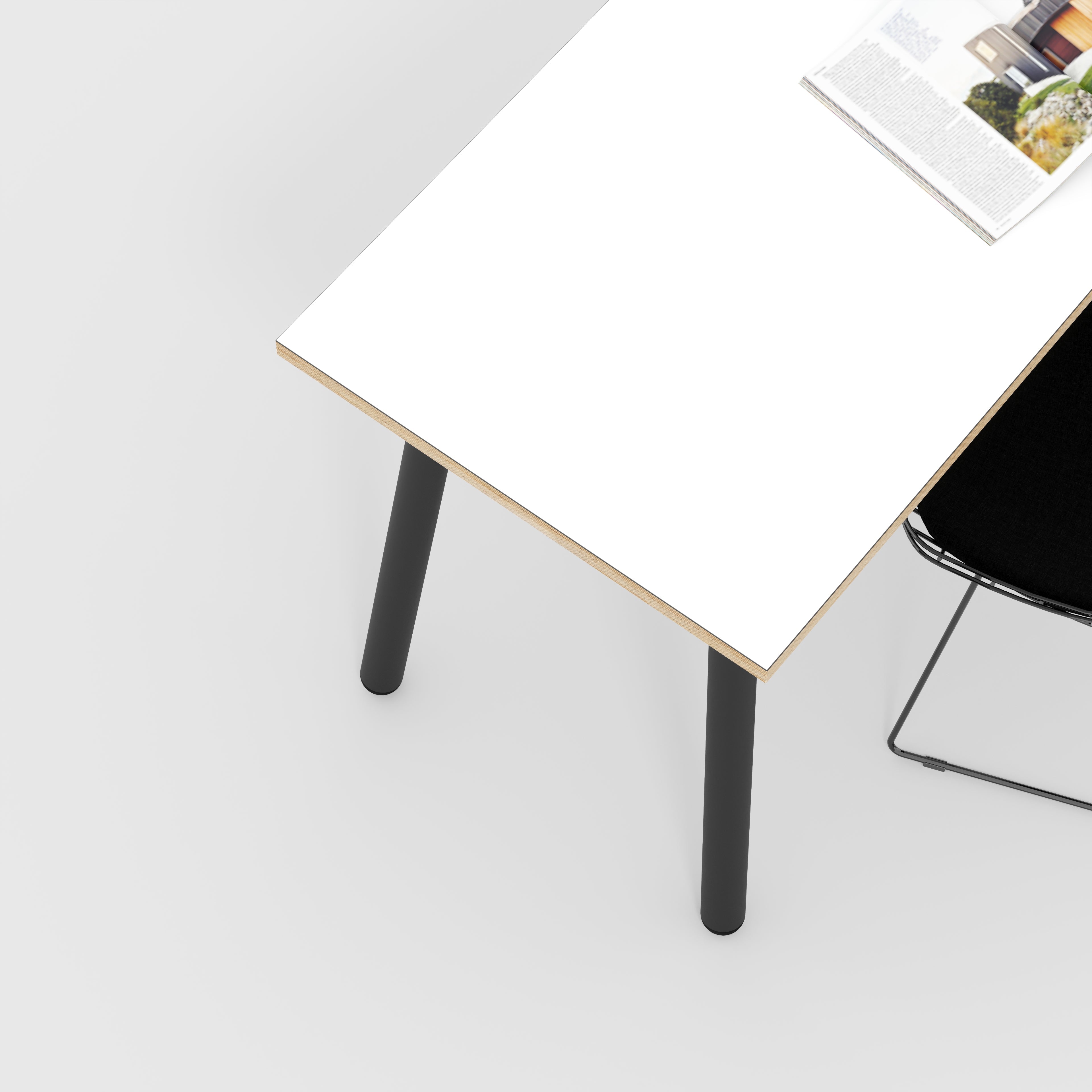 Plywood Desk with Black Round Single Pin Legs - Formica White - 1600(w) x 800(d) x 735(h)
