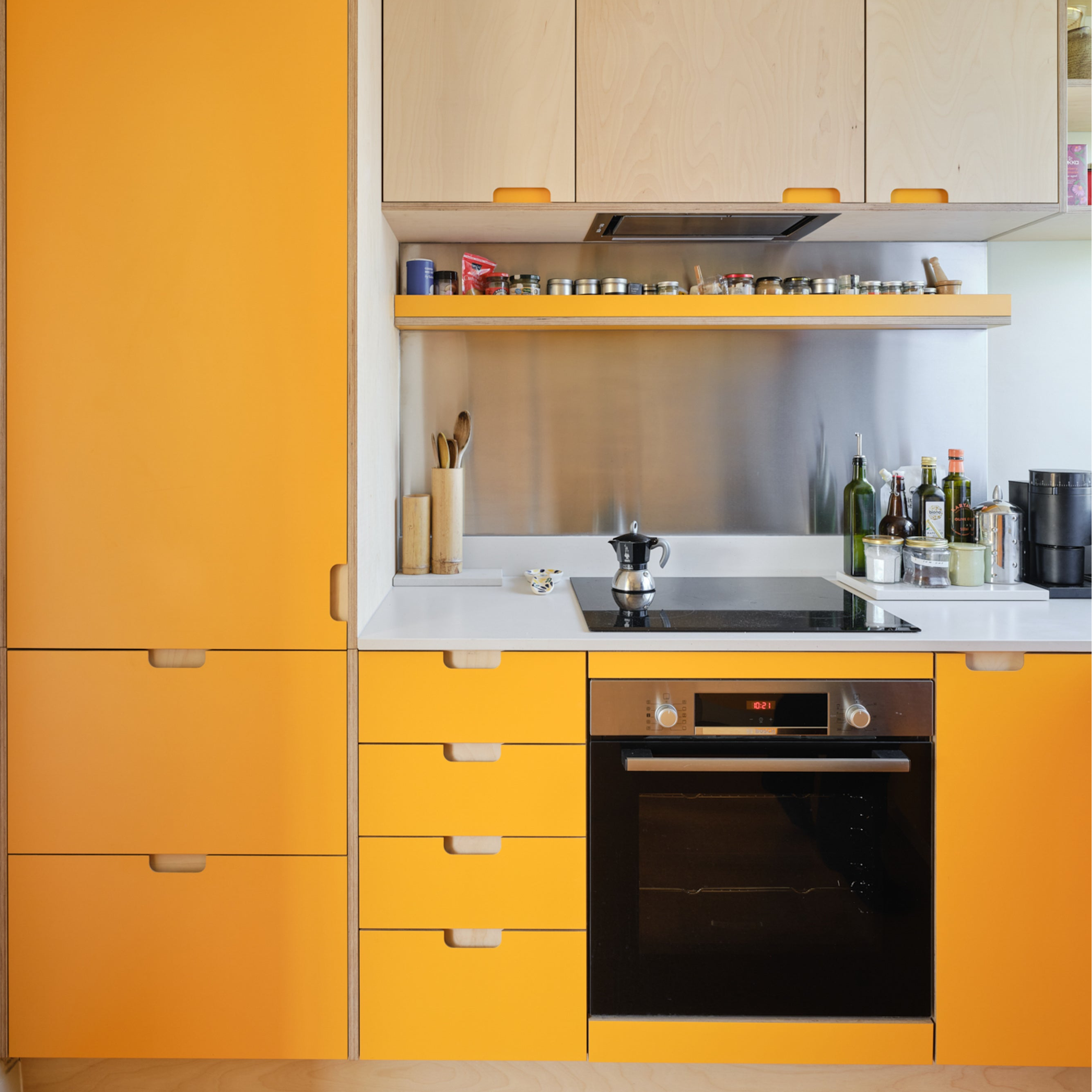 Yellow and Birch Plywood Kitchen