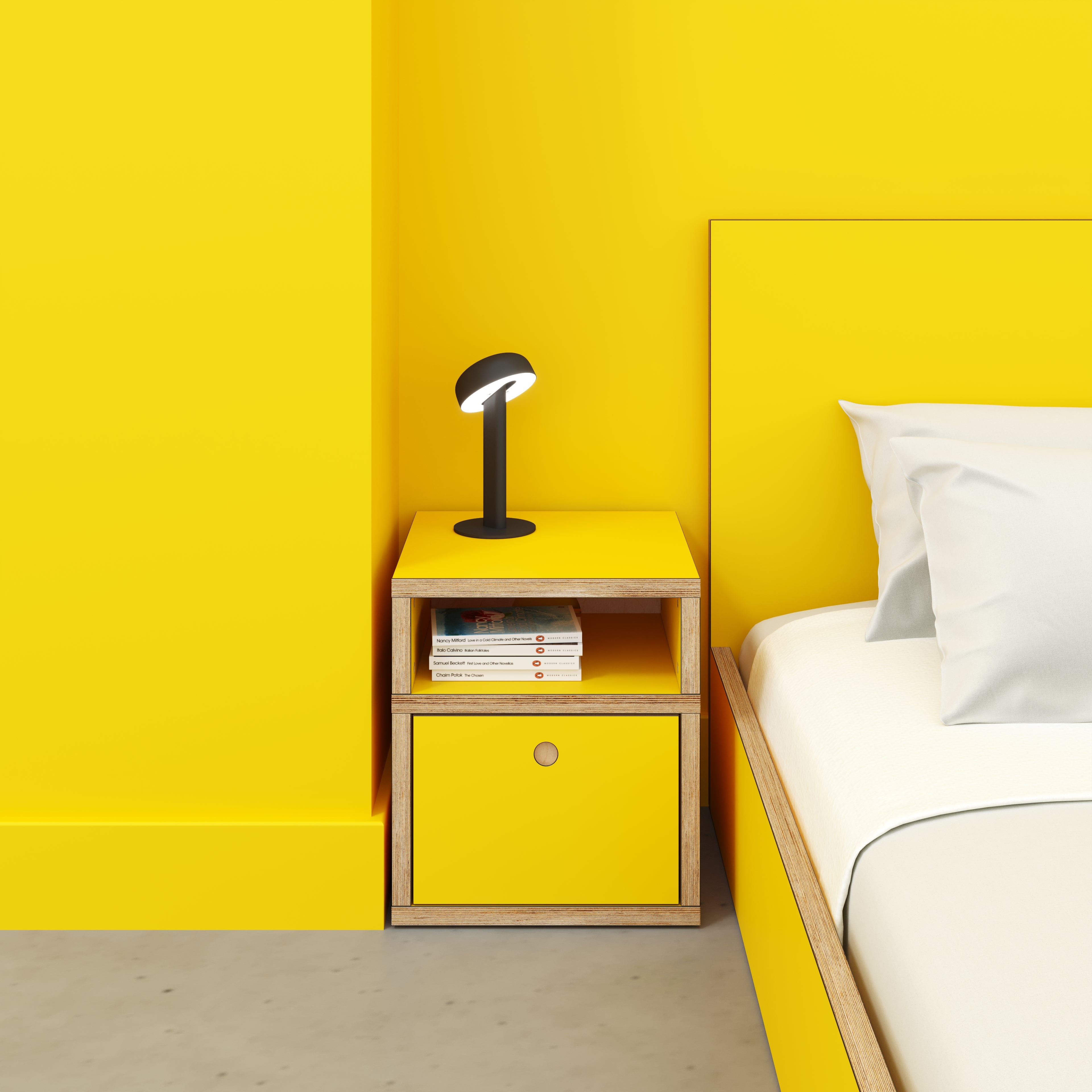 plywood bedside table yellow