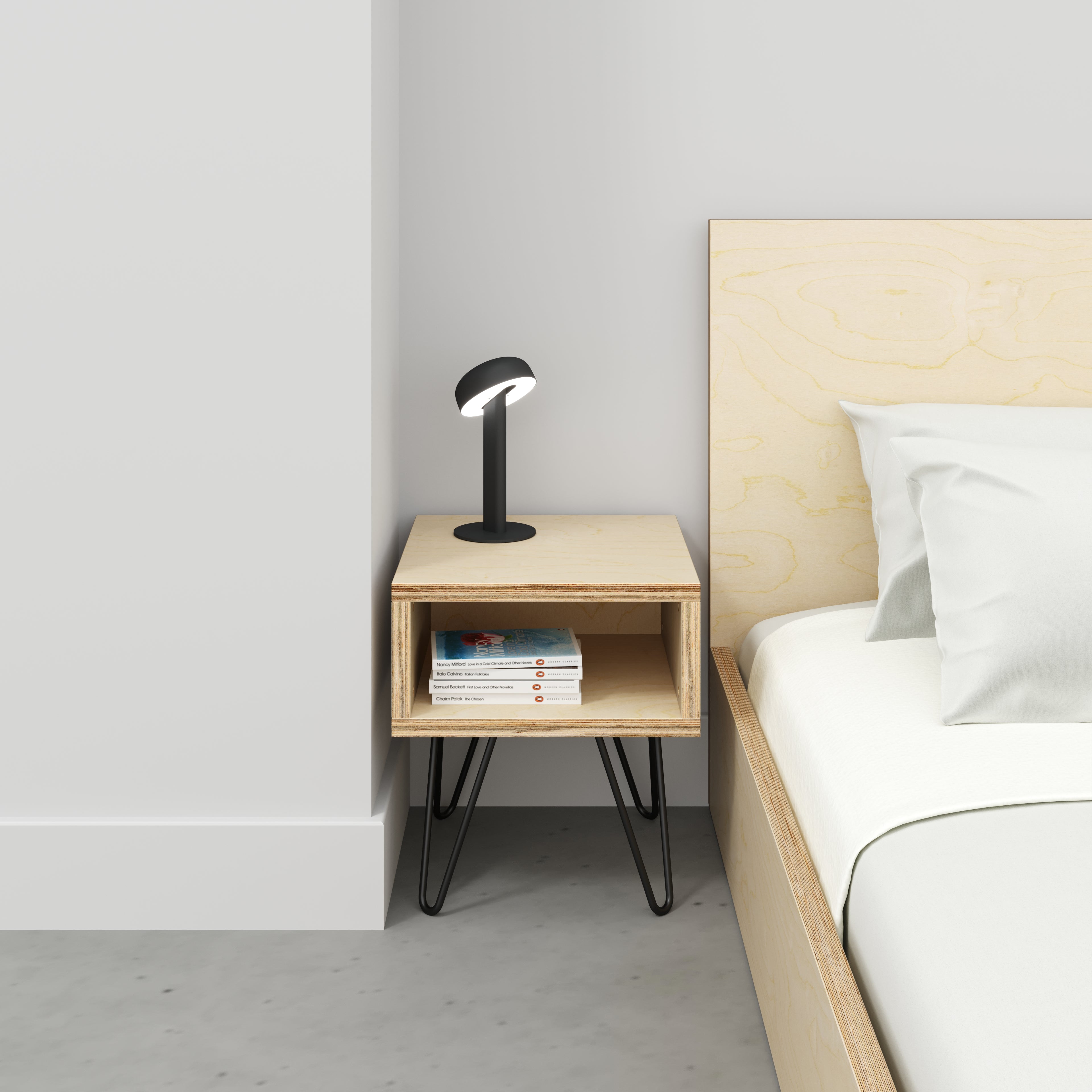 Bedside Table with Box Storage and Black Hairpin Legs - Plywood Birch - 400(w) x 400(d) x 450(h)